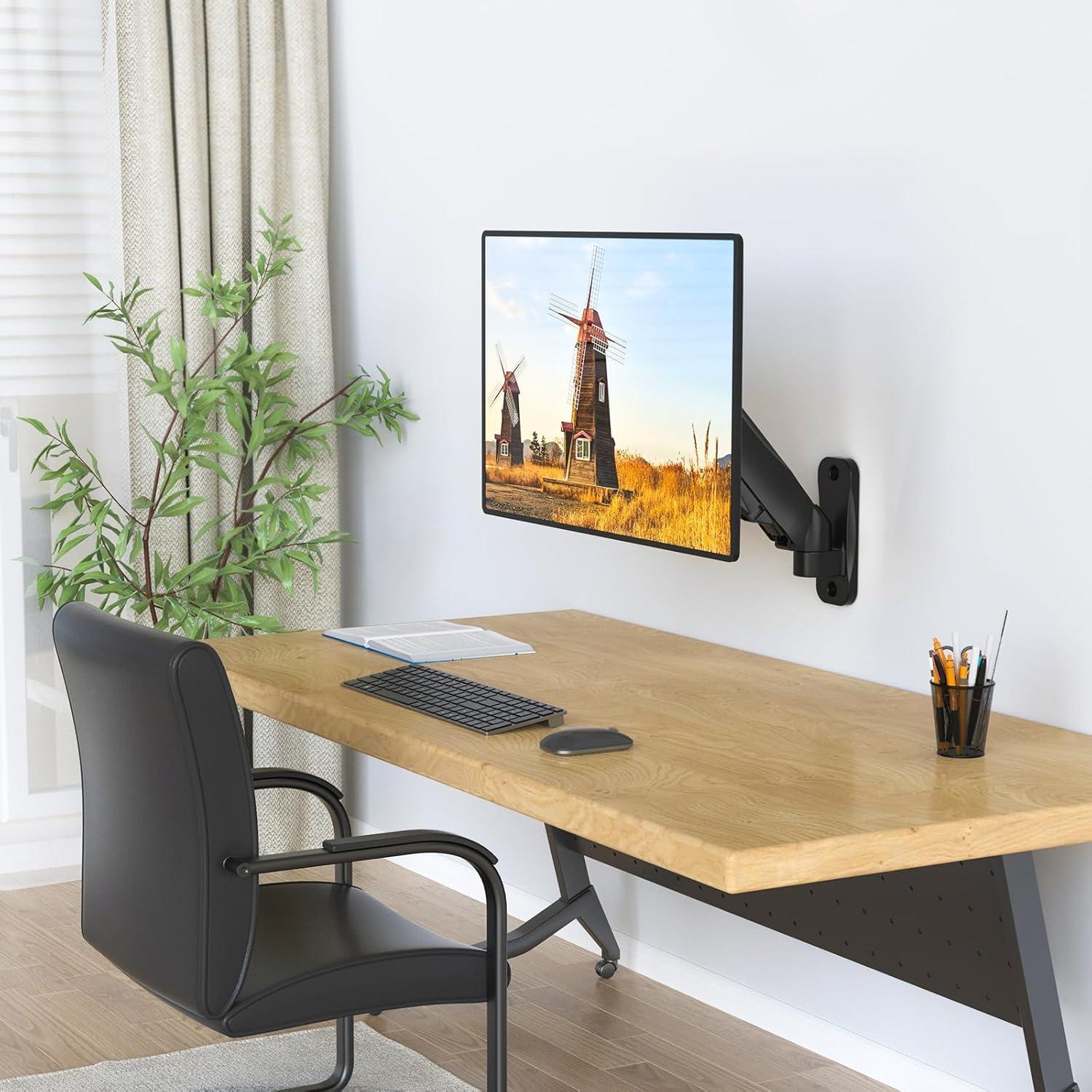 WALI Monitor Wall Mount, Computer Wall Mount Monitor Arm Fits 1 Screen up to 32 inch, Single Monitor Mount Holds up to 19.8lbs, Gas Spring Monitor Arm Max Extension 13.4 inch,(GSWM001S), Black