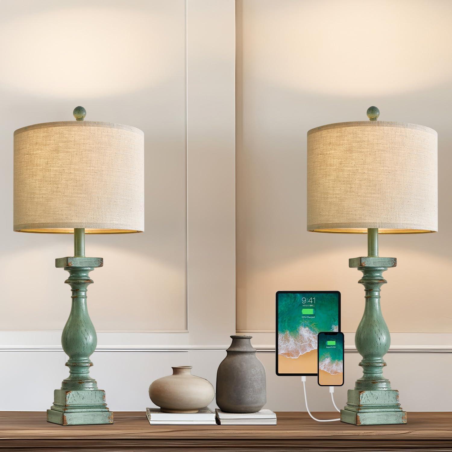 Farmhouse Table Lamps for Bedroom Set of 2 Rustic Bedside Lamps for Nightstand with USB A+C Ports Side Table Lamps for Living Room End Table Office Pull Chain Green