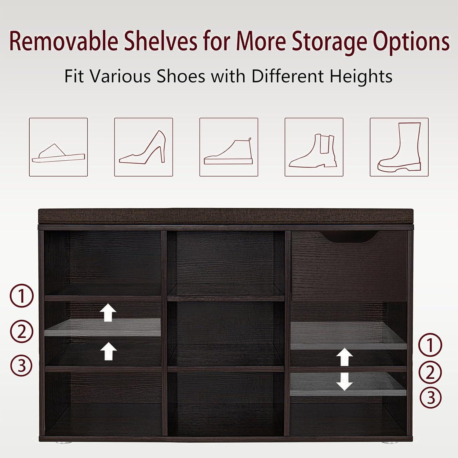 Shoe Rack Bench with Cushion 15-Cube Storage Bench Storage Cabinet for Entryway Espresso