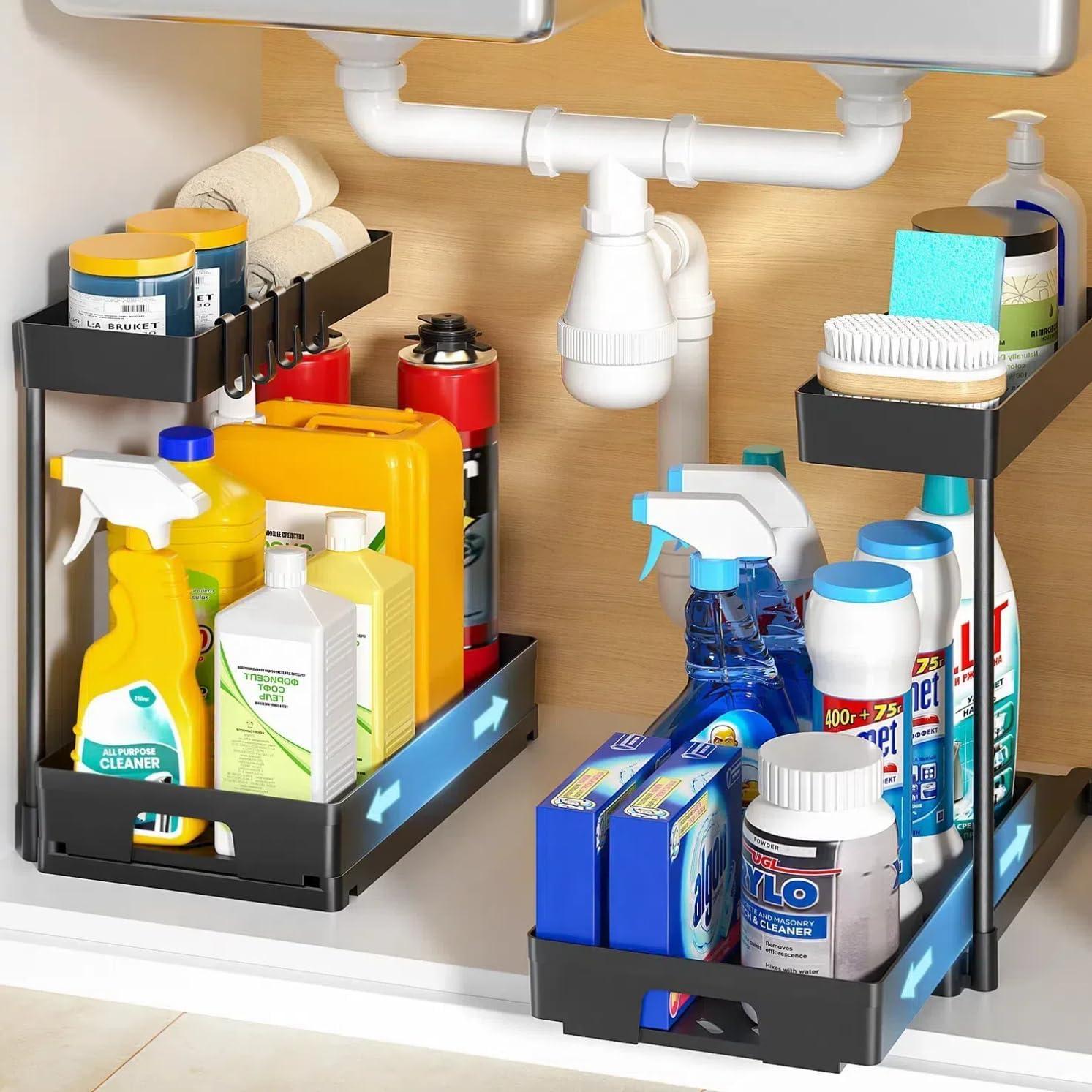 Black Metal 2-Tier L-Shape Under Sink Organizer, 2 Pack