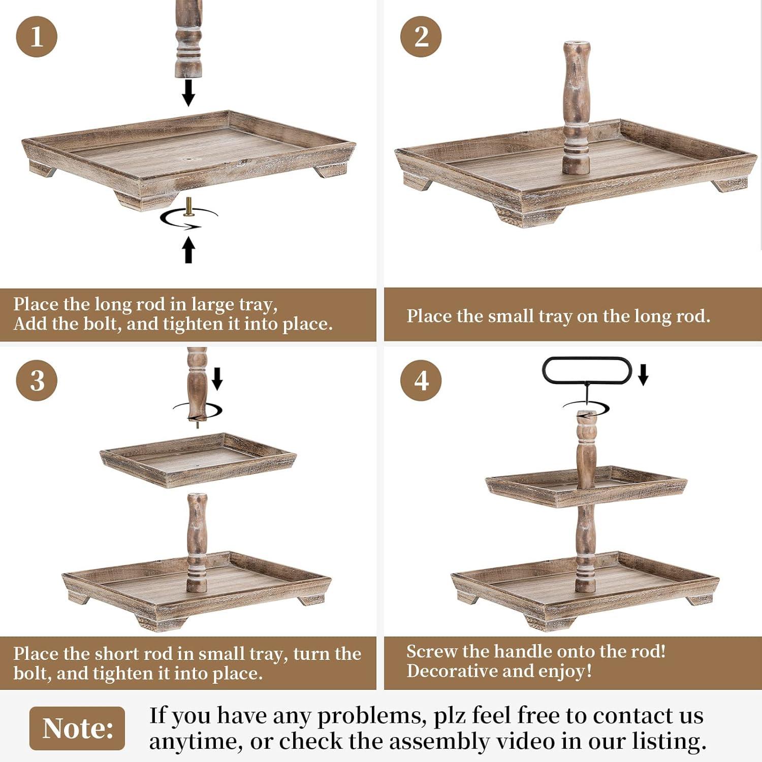 Ophelia & Co. Farmhouse Tiered Tray Stand: Rustic Wood 2 Tier Serving Tray Decor Two Rectangle Wooden For Kitchen Counter Centerpieces Coffee Bar Easter Fall Halloween Thanksgiving Christmas