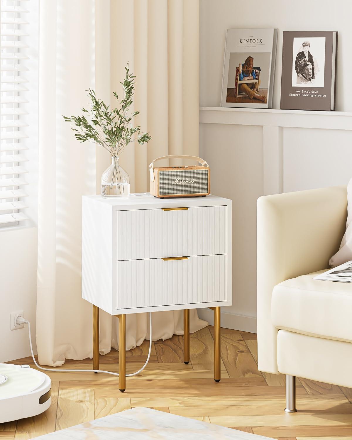 Nightstand with Charging Station,Small Bedside Table with Gold Frame,White Night Stand,Bedside Furniture,Side Table with Drawer for Bedroom,Living Room,Checkered (White, 1Drawer-Outlet)