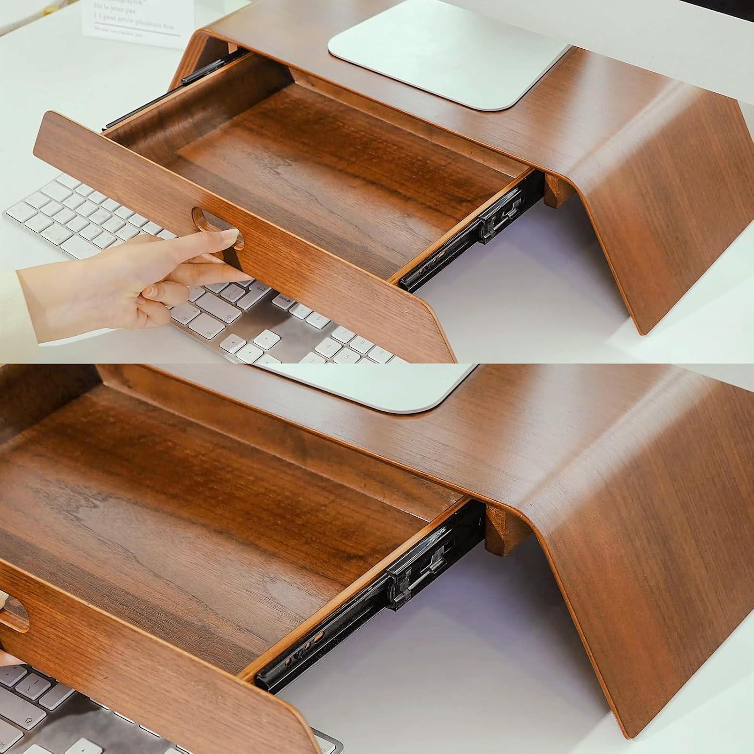 Walnut Wood Monitor Stand with Drawer and Buffer Rail