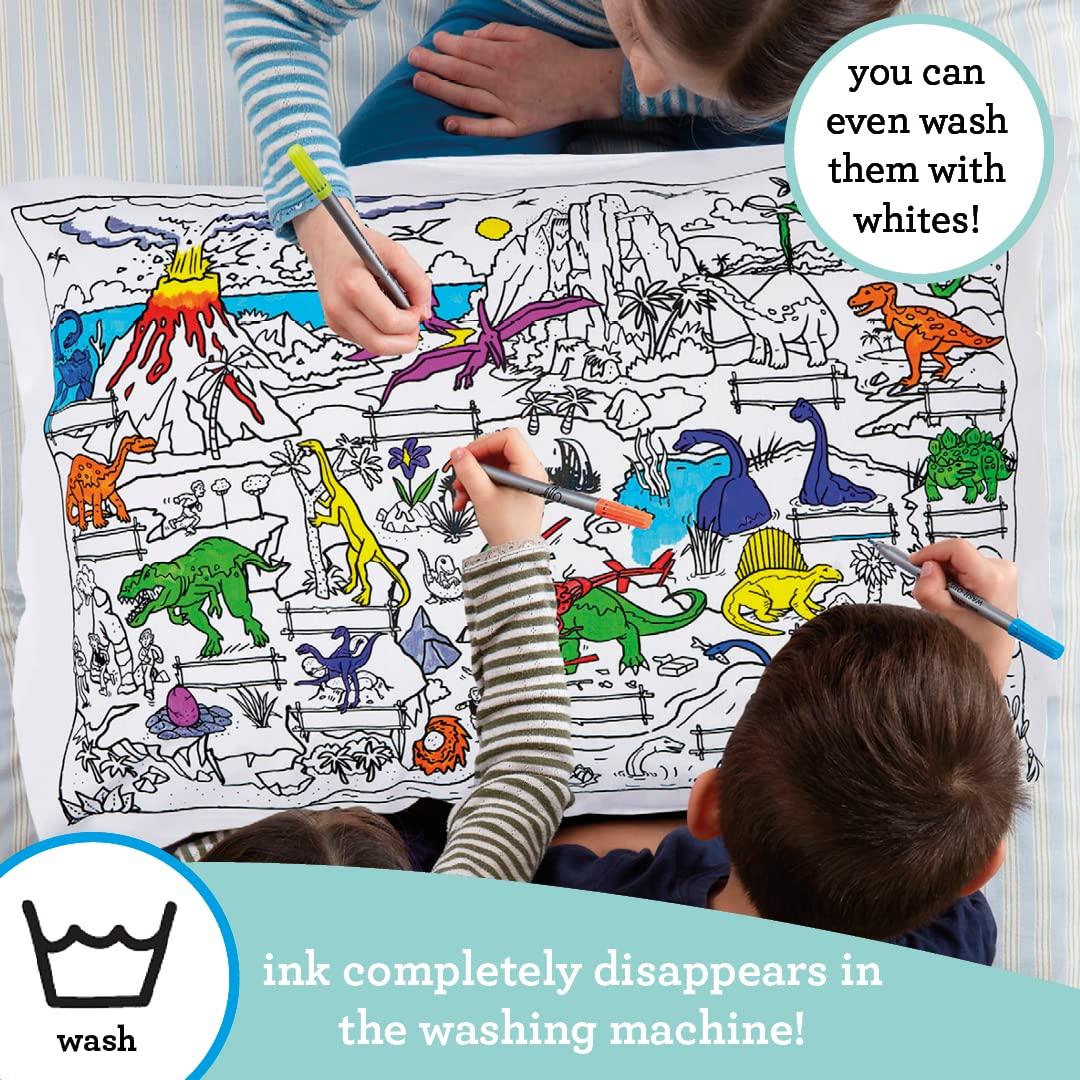 eatsleepdoodle Coloring Cotton Pillowcase with Washable Markers - Dinosaur Color in Activity Craft Kit for Boys and Girls Age 3+