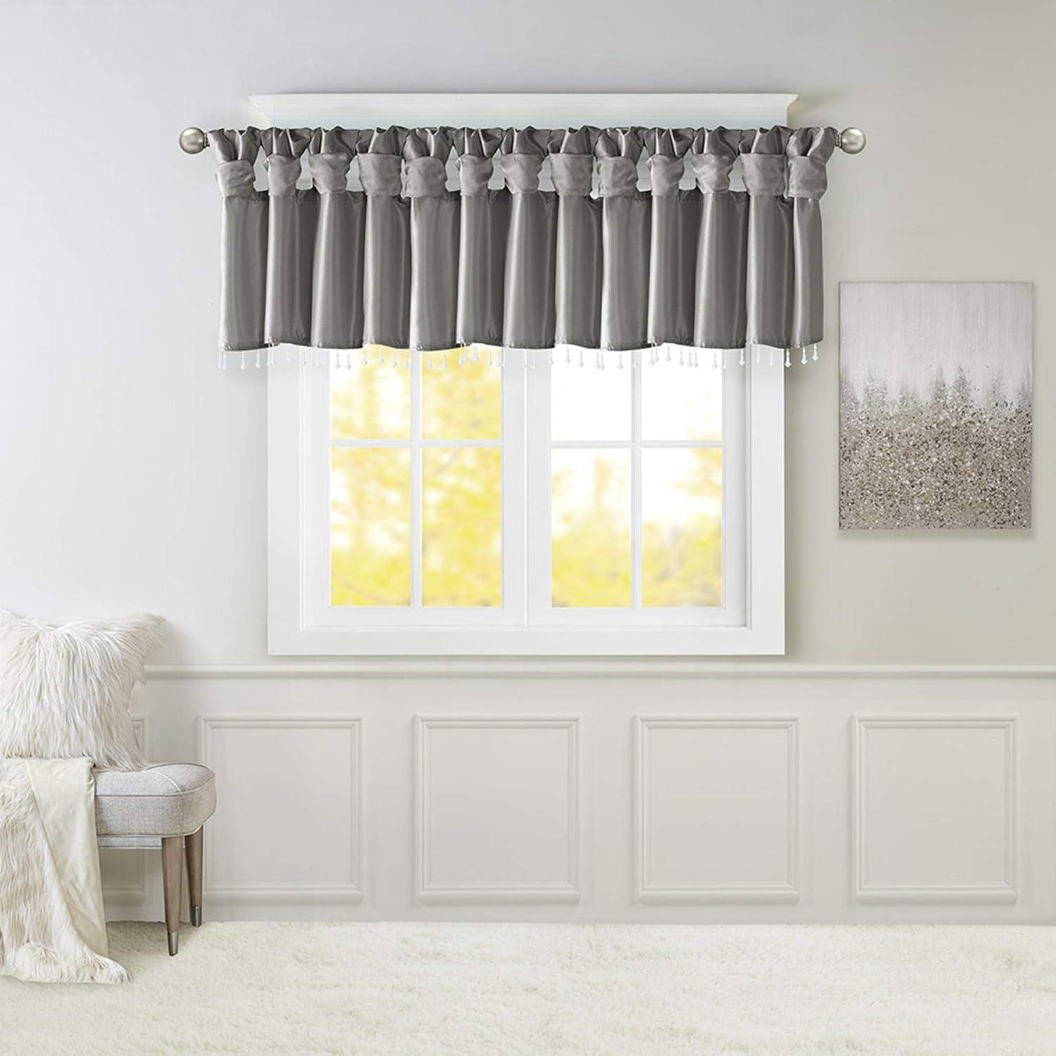 Charcoal Faux Silk Tab Top Valance with Beaded Detail