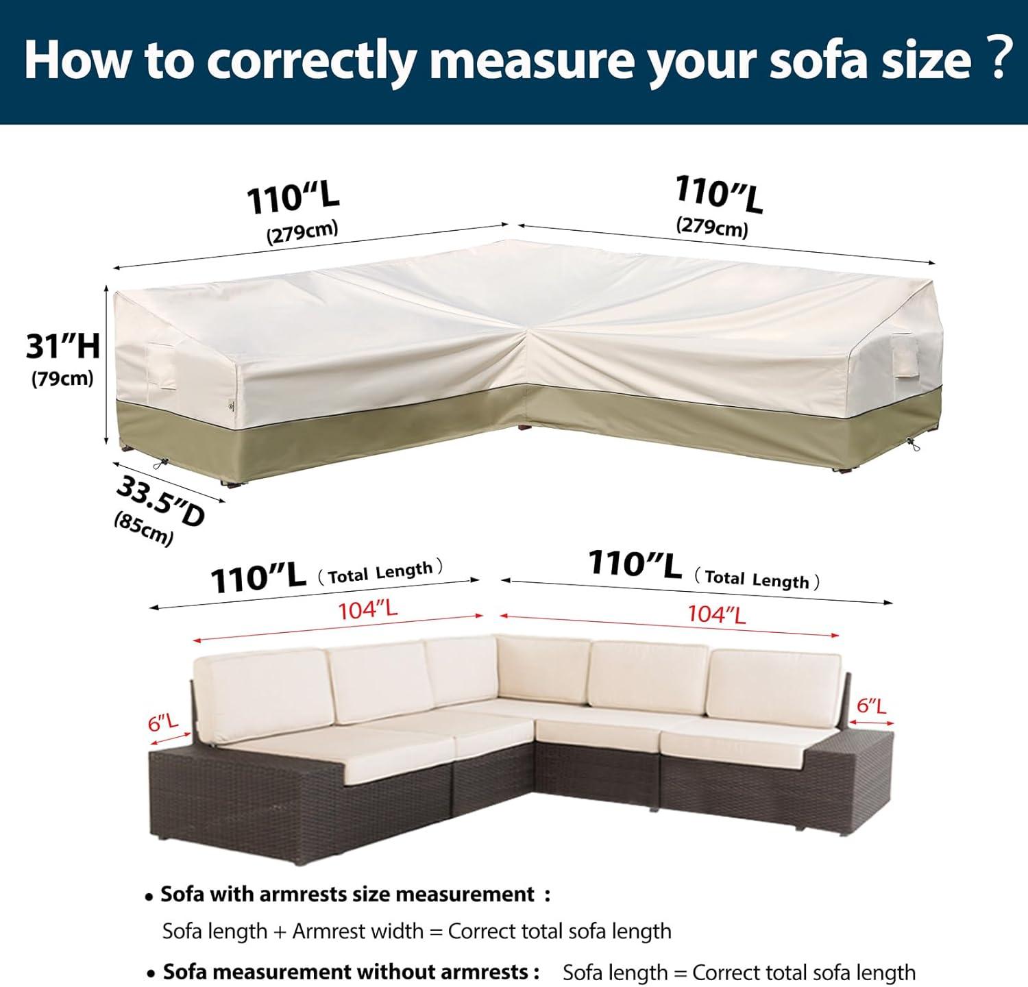 Outdoor Sectional Cover-V-Shaped Garden Patio Furniture Covers Waterproof Rip-Stop Anti-UV 600D Heavy Duty Outdoor Couch Cover with 3 Air Vents Sofa Cover 85''L 33.5''D 31''H,Beige & Reddish Brown