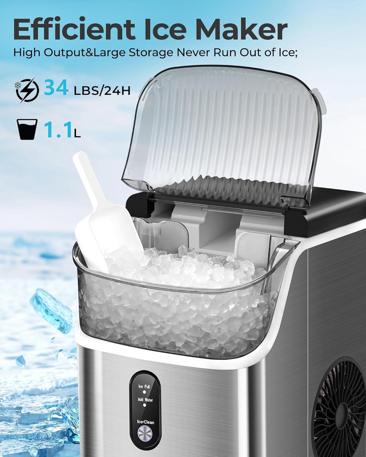 Silver Portable Countertop Nugget Ice Maker with Ice Scoop