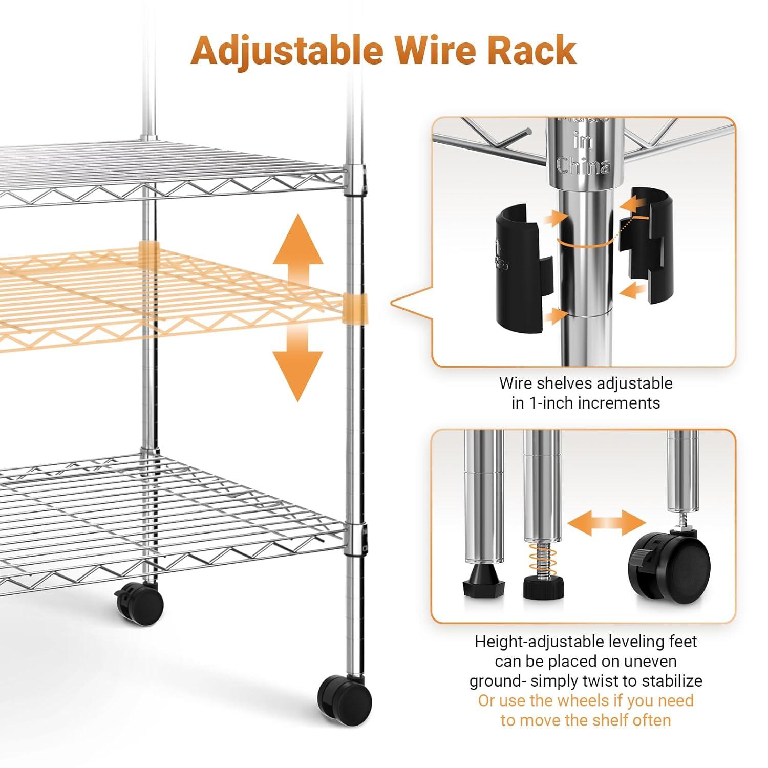 Simple Deluxe Heavy Duty 4-Tier Shelving with Wheels, 35.43" W x 17.72" D x 61.02" H Adjustable Steel Organizer Wire Rack, 1400 Lbs Loading Capacity, Chrome