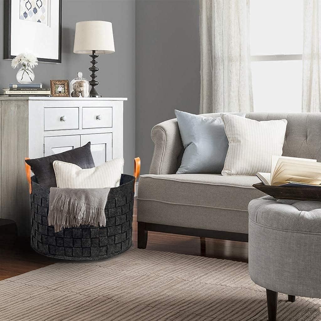 Laundry Basket 20" x20 x11.8, Large Round Blanket Basket with Leather Handle, Felt Storage Basket for Living Room, Nursery, Dog Toys-Dark Gray