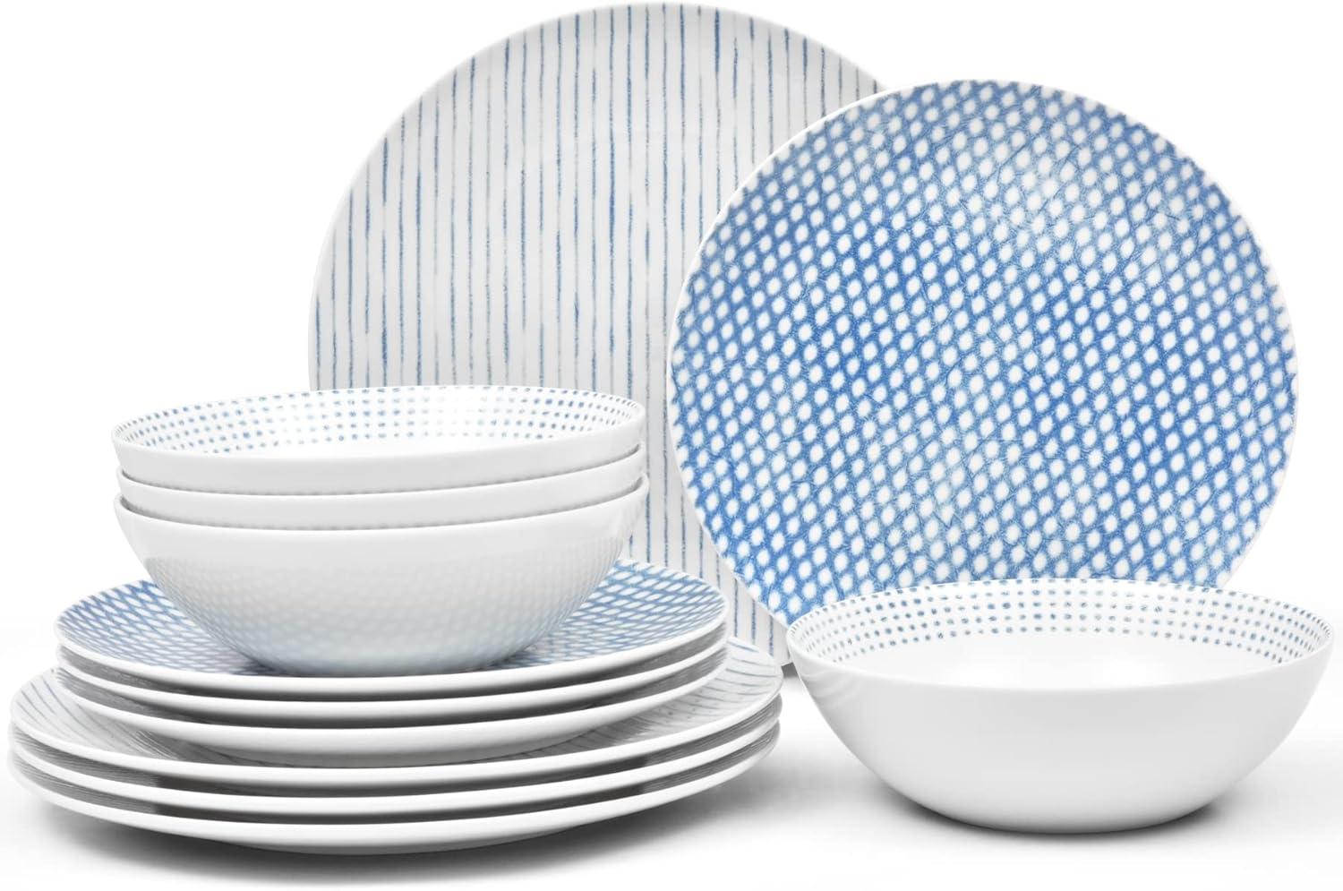 Blue and White Porcelain 12-Piece Dinnerware Set, Service for 4