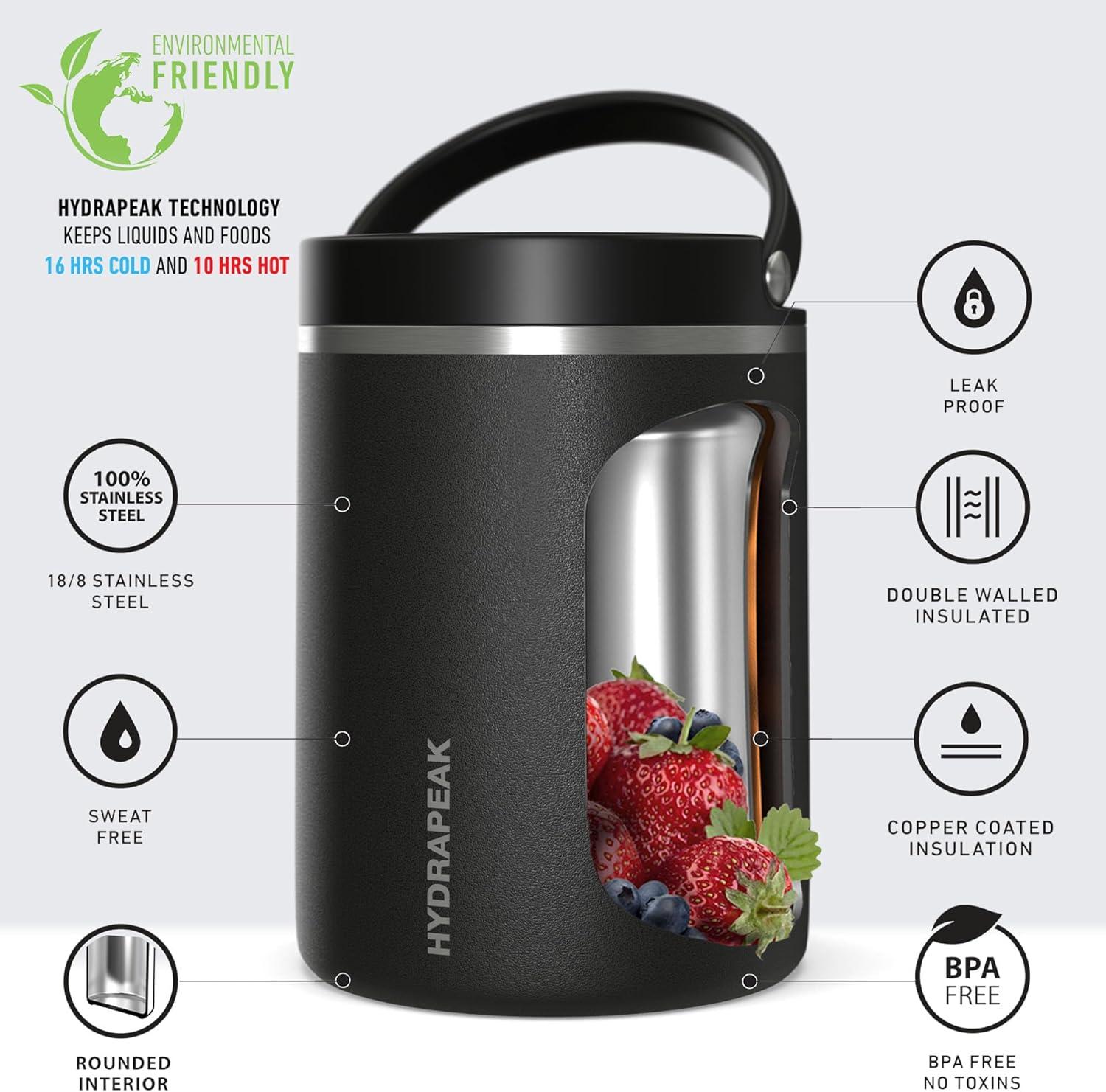 Hydrapeak 32 Oz Stainless Steel Vacuum Insulated Wide Mouth Leak-proof Thermos Food Jar For Hot And Cold, 10 Hours Hot 16 Hours Cold (Gray)