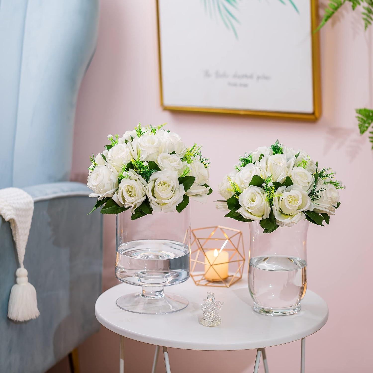 Nuptio Set of 10 White Rose Artificial Flower Kissing ball, 15 Heads Fake Peony Silk Flowers Bouquet for Centerpiece Wedding Birthday Party Home Table Decor