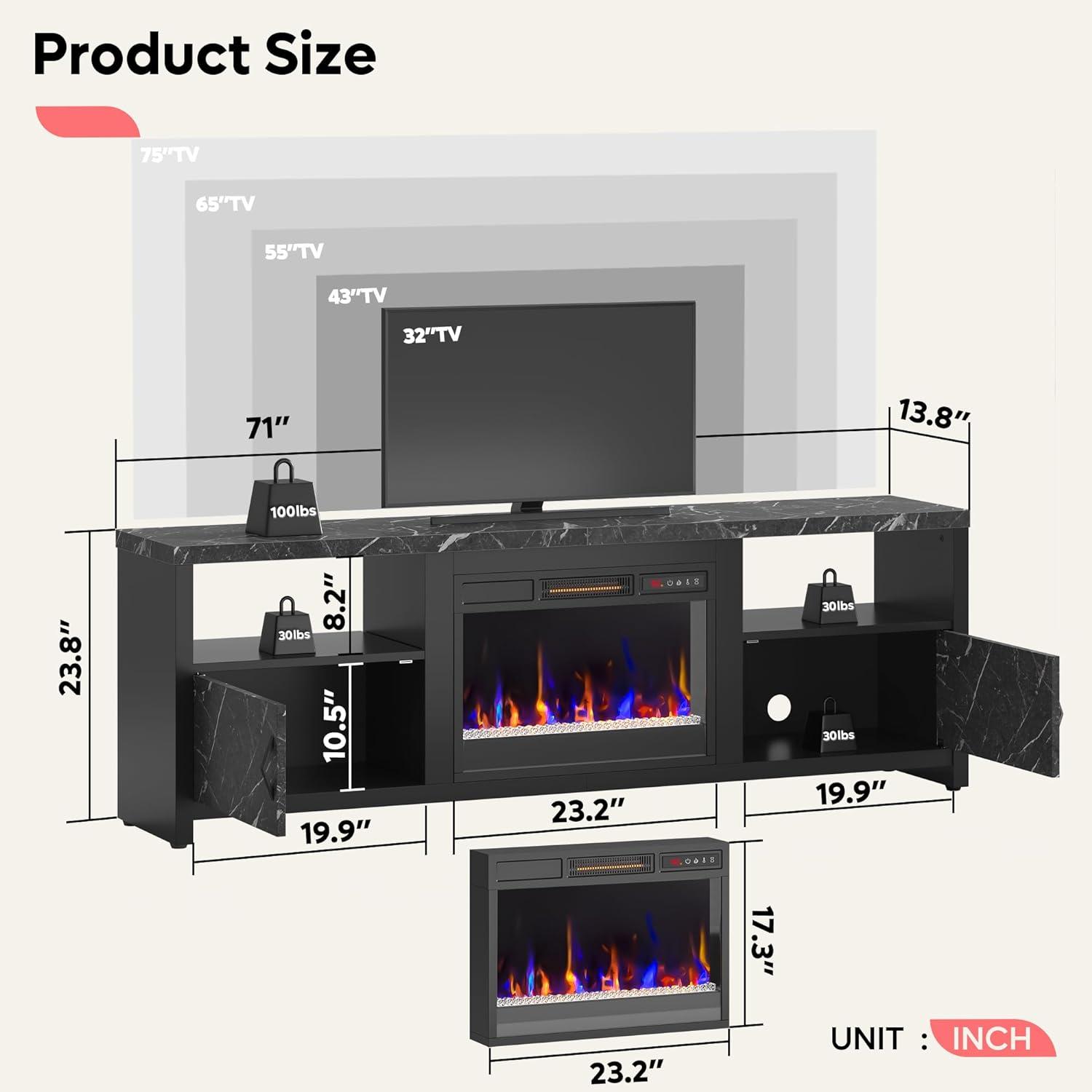 Black Marble 70'' TV Stand with Electric Fireplace and Cabinets