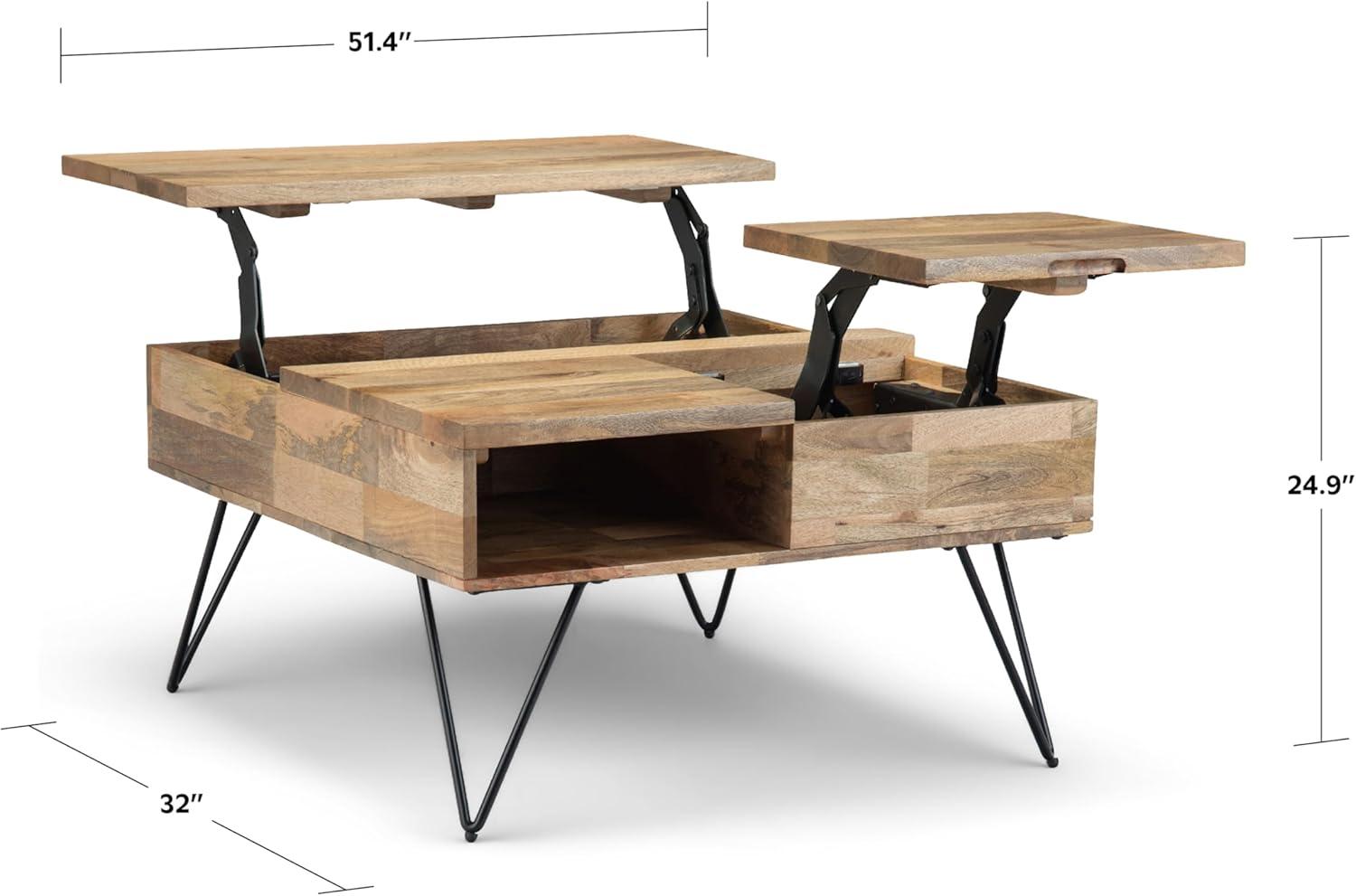 Simpli Home Hunter SOLID MANGO WOOD and Metal 32 inch Wide Square Industrial Lift Top Coffee Table in Natural