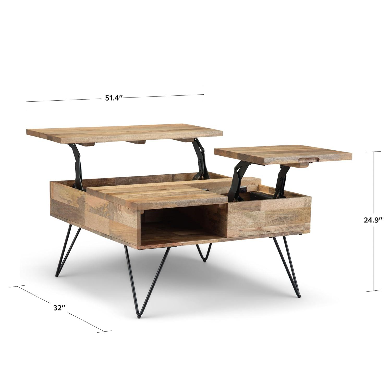 Simpli Home Hunter SOLID MANGO WOOD and Metal 32 inch Wide Square Industrial Lift Top Coffee Table in Natural