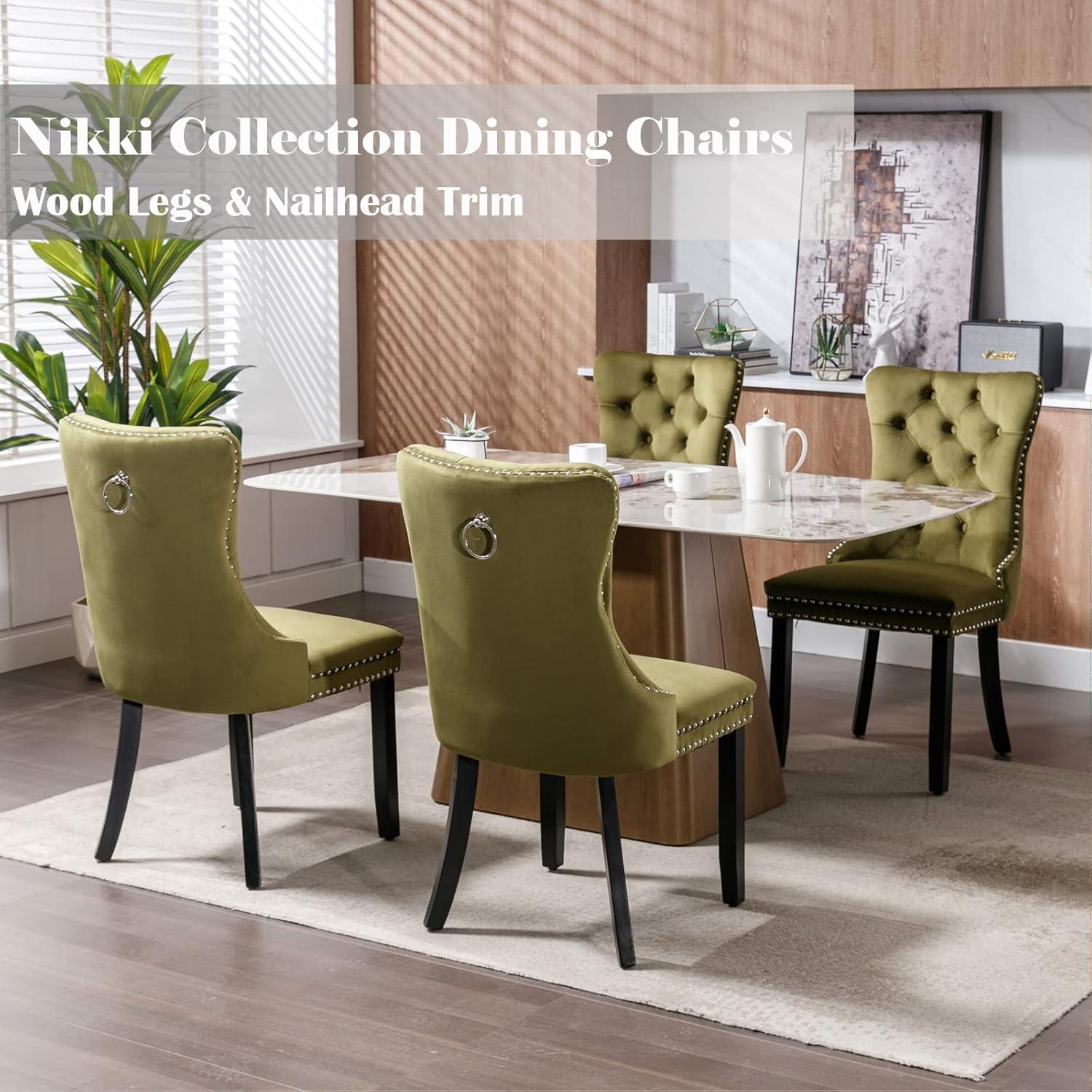 ODUSE-DAILY Green Velvet Dining Chairs Set of 4, Kitchen & Dining Room Chairs, Sillas De Comedor, Nailheads Tufted, Fabric Upholstered, Solid Wood (Olive, 4 Pcs)