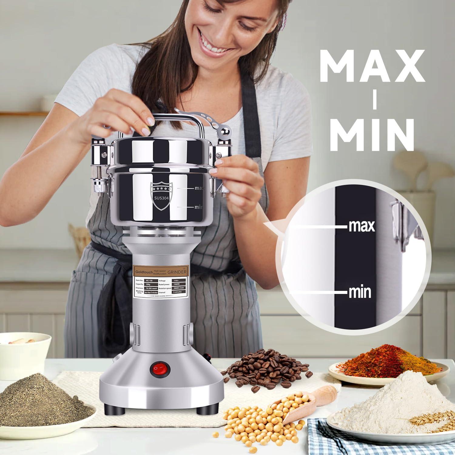 Goldtouch 150g Grain Mill Grinder 1500W Electric Stainless Steel Grain Grinder High-Speed Pulverizer Powder Machine for Dry Wheat, Oats, Corn, Pepper and Coffee Beans (150g Stand Type)