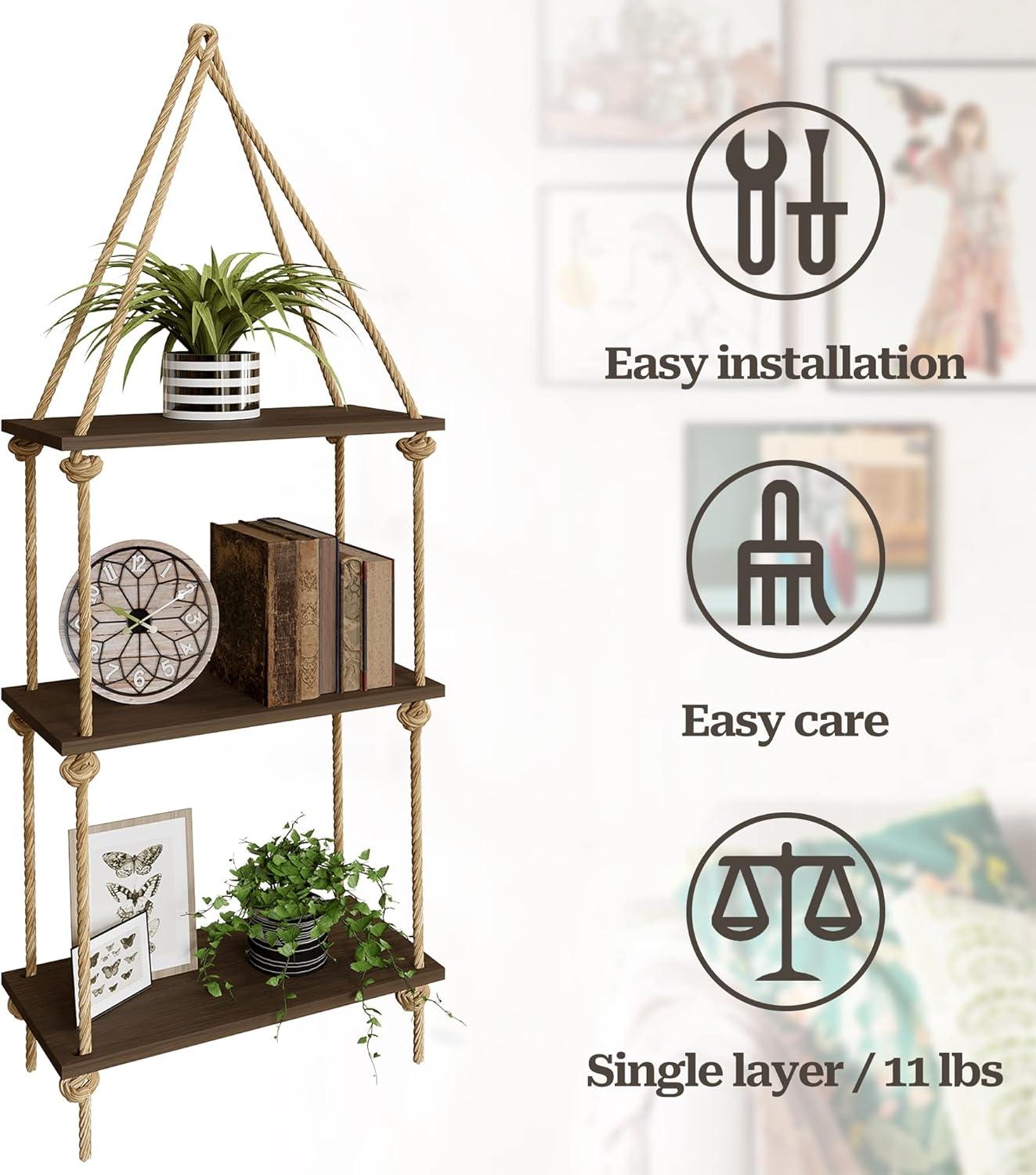 Bamboo and Rope 3-Tier Floating Wall Shelves