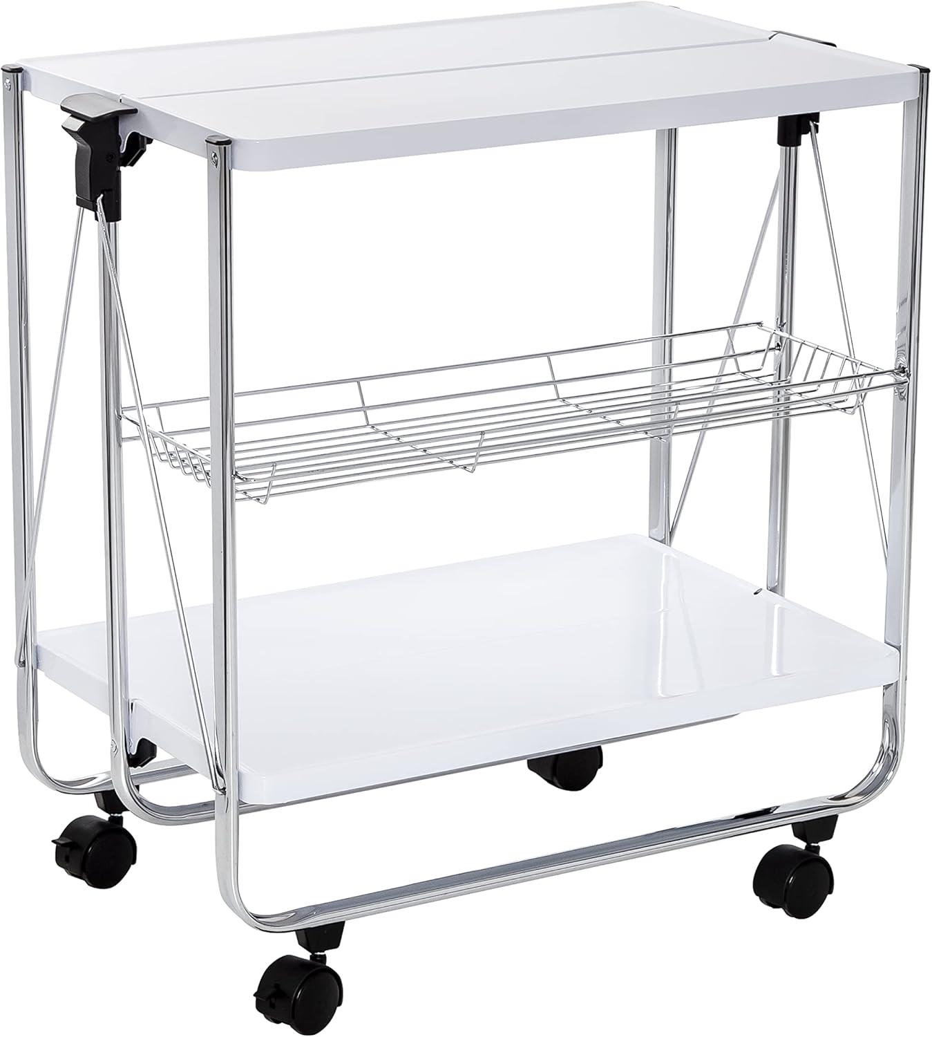 Honey-Can-Do Foldable Cart White/Chrome: Utility Storage Cart, Rolling & Collapsible, 2 Shelves, Steel, Universal Placement