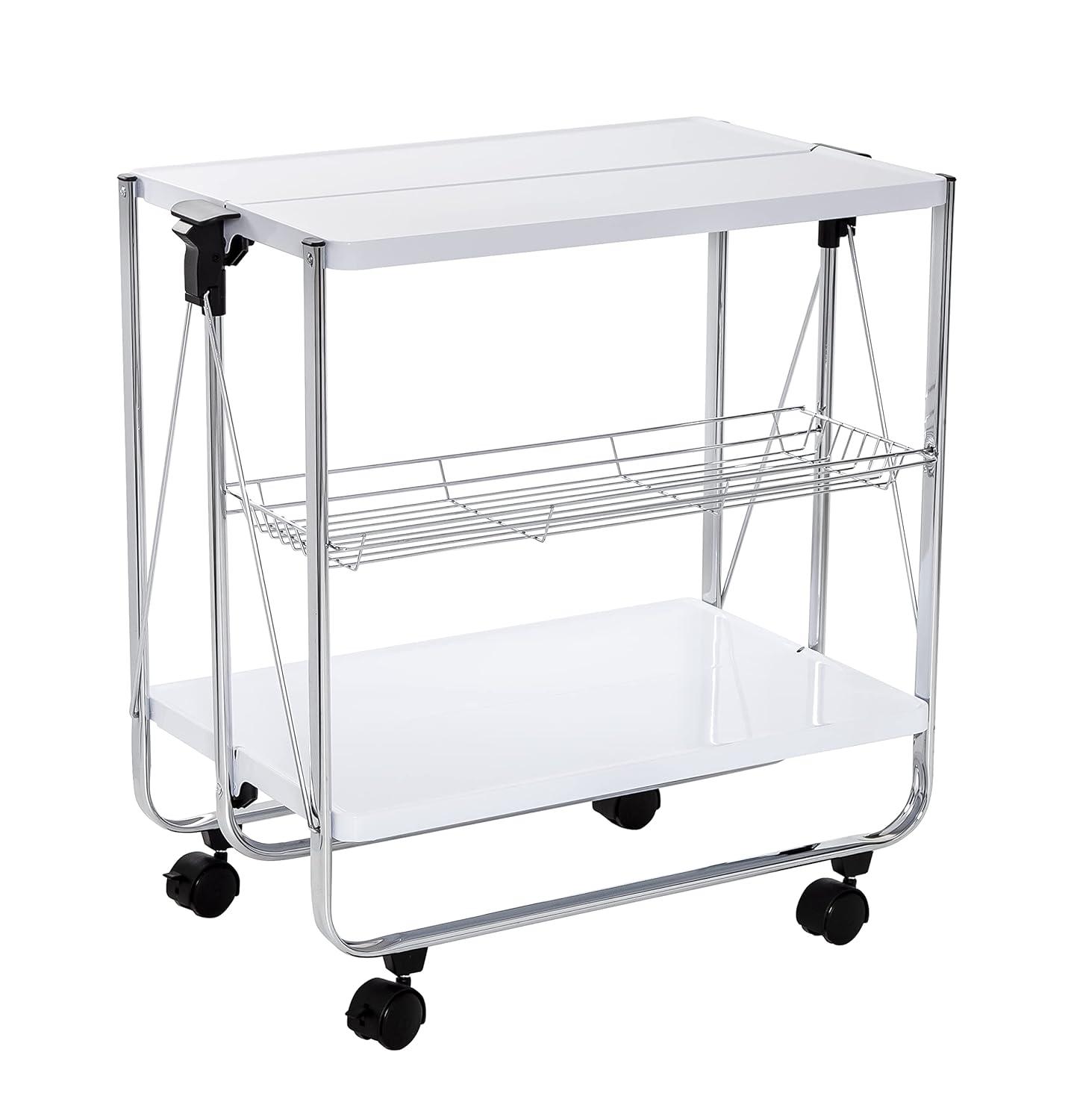 Honey-Can-Do Foldable Cart White/Chrome: Utility Storage Cart, Rolling & Collapsible, 2 Shelves, Steel, Universal Placement