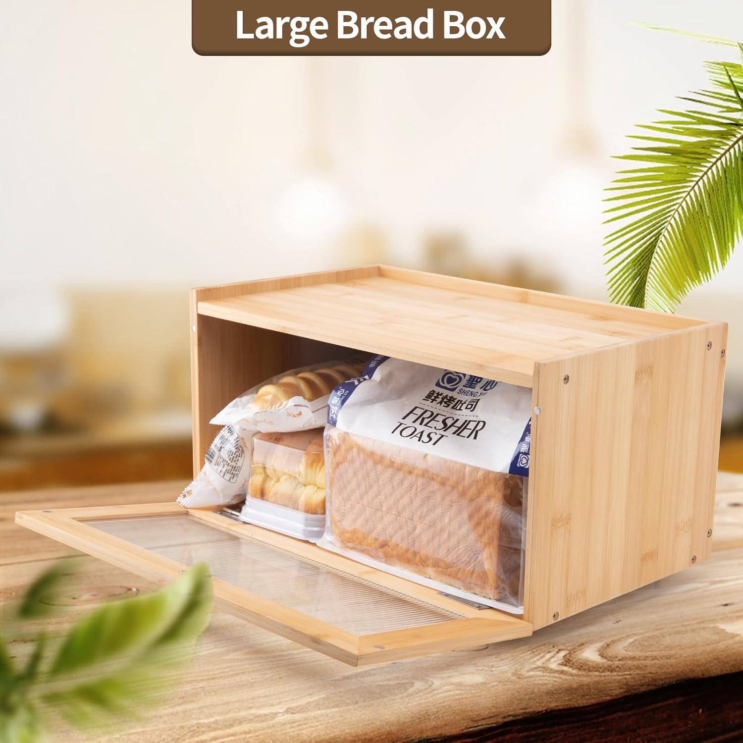 Bamboo Bread Box for Kitchen Counter-Large Capacity Bread Storage Container Farmhouse Bread Box with Window Bread Holder