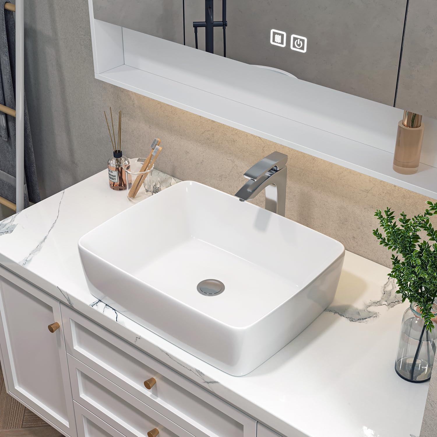19"L x 15"W White Ceramic Rectangular Bathroom Vessel Sink Drop-in Vanity Sink