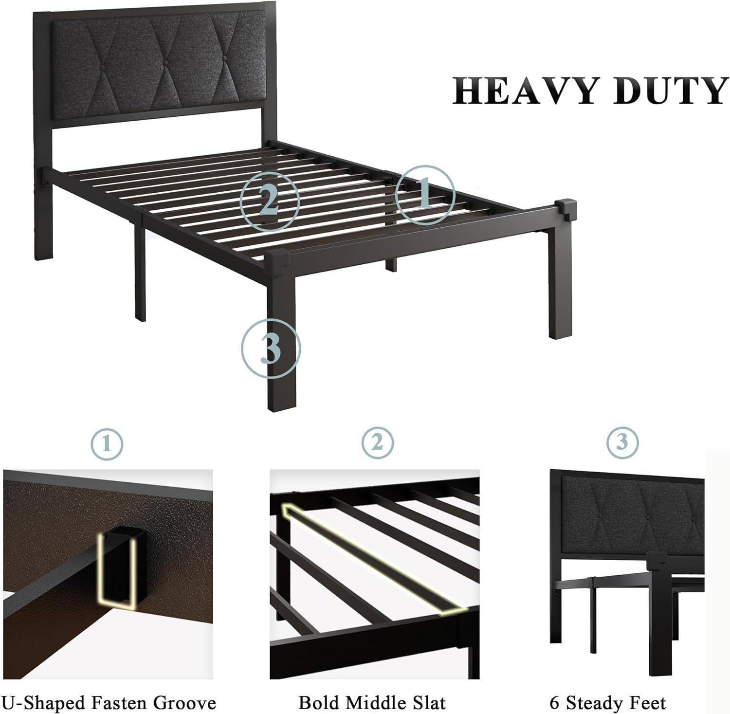 Dark Grey Twin Size Metal Bed Frame with Fabric Tufted Headboard