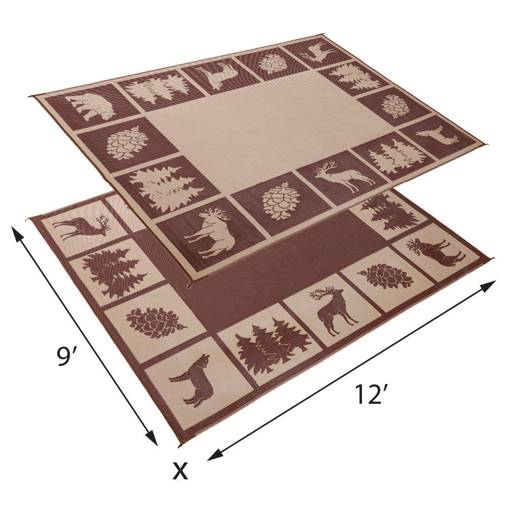 Stylish Camping 9-feet by 12-feet Reversible Mat, Plastic Straw Rug, Large Floor Mat for Outdoors, RV, Patio, Backyard, Picnic, Beach, Camping - Hunter Mat (Brown/Beige) Brown/Beige 9'x12'