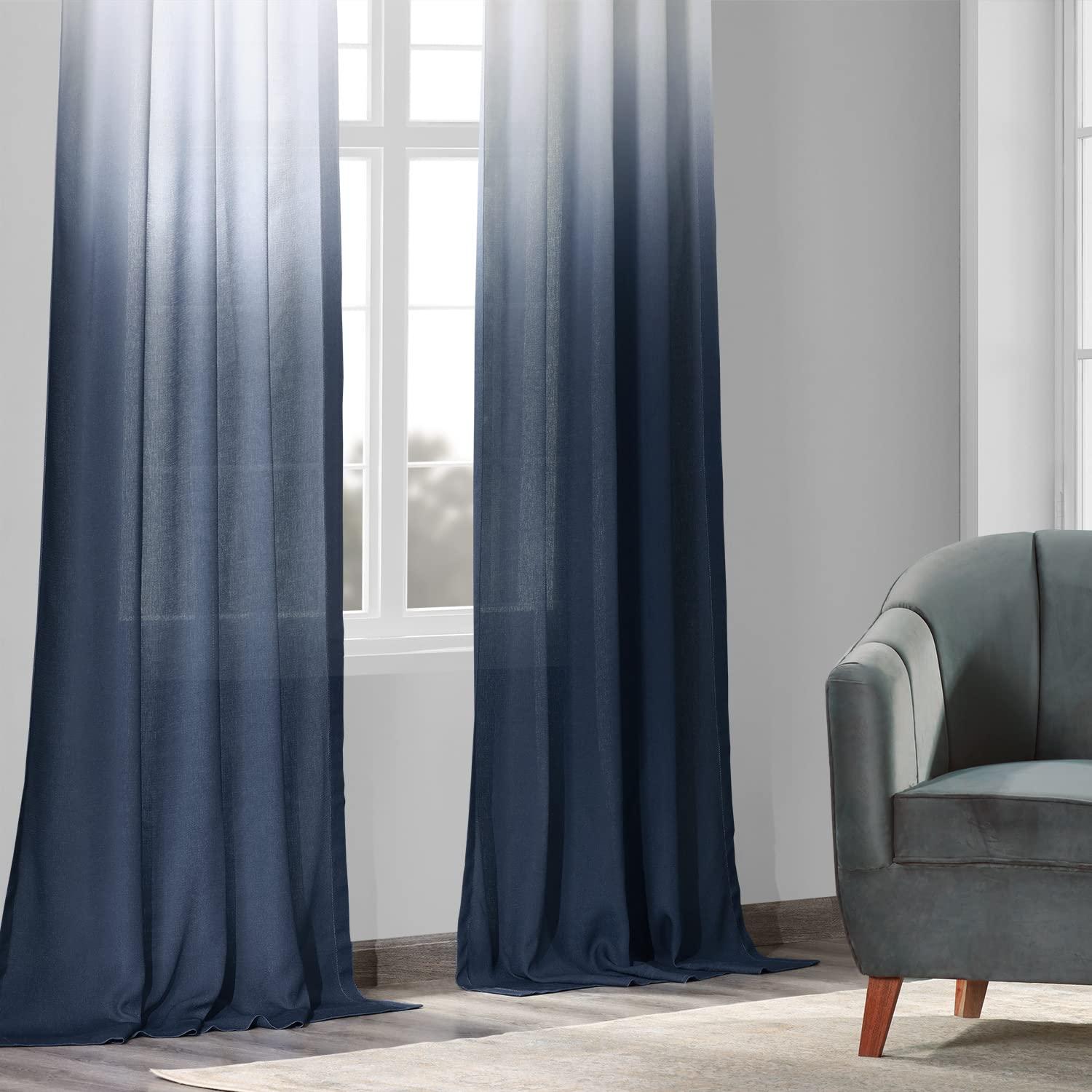 Ombre Blue Faux Linen Sheer Curtain (1 Panel), Ombre Blue, 50W X 84L