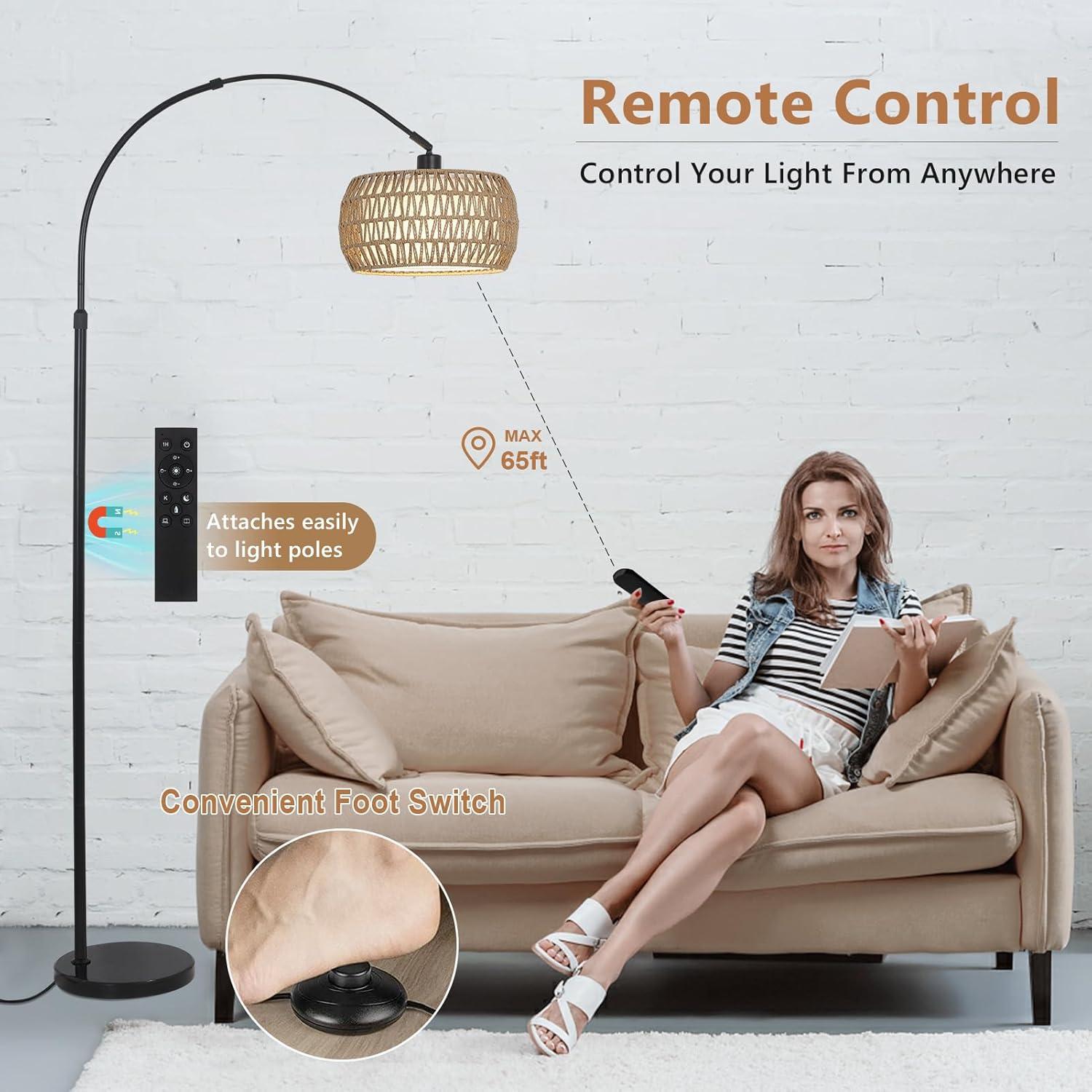 ROTTOGOON Boho Floor Lamp with Dimmable Bulb, Rattan &Linen Double Shades, Boho Standing Tall Lamps with Foot Switch, Bohemian Floor Lamps for Living Room, Bedroom, Office