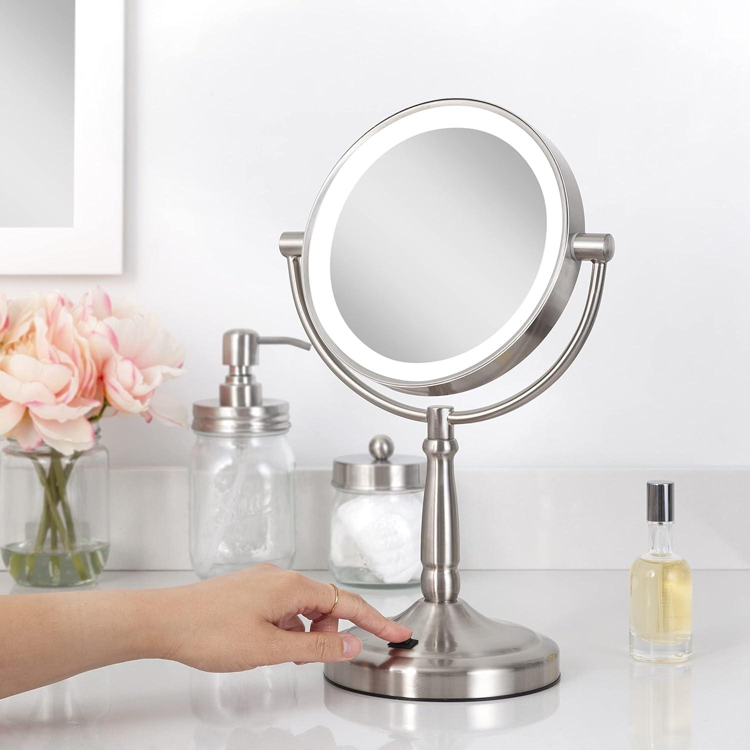 Satin Nickel Dual-Sided LED Lighted Magnifying Vanity Mirror