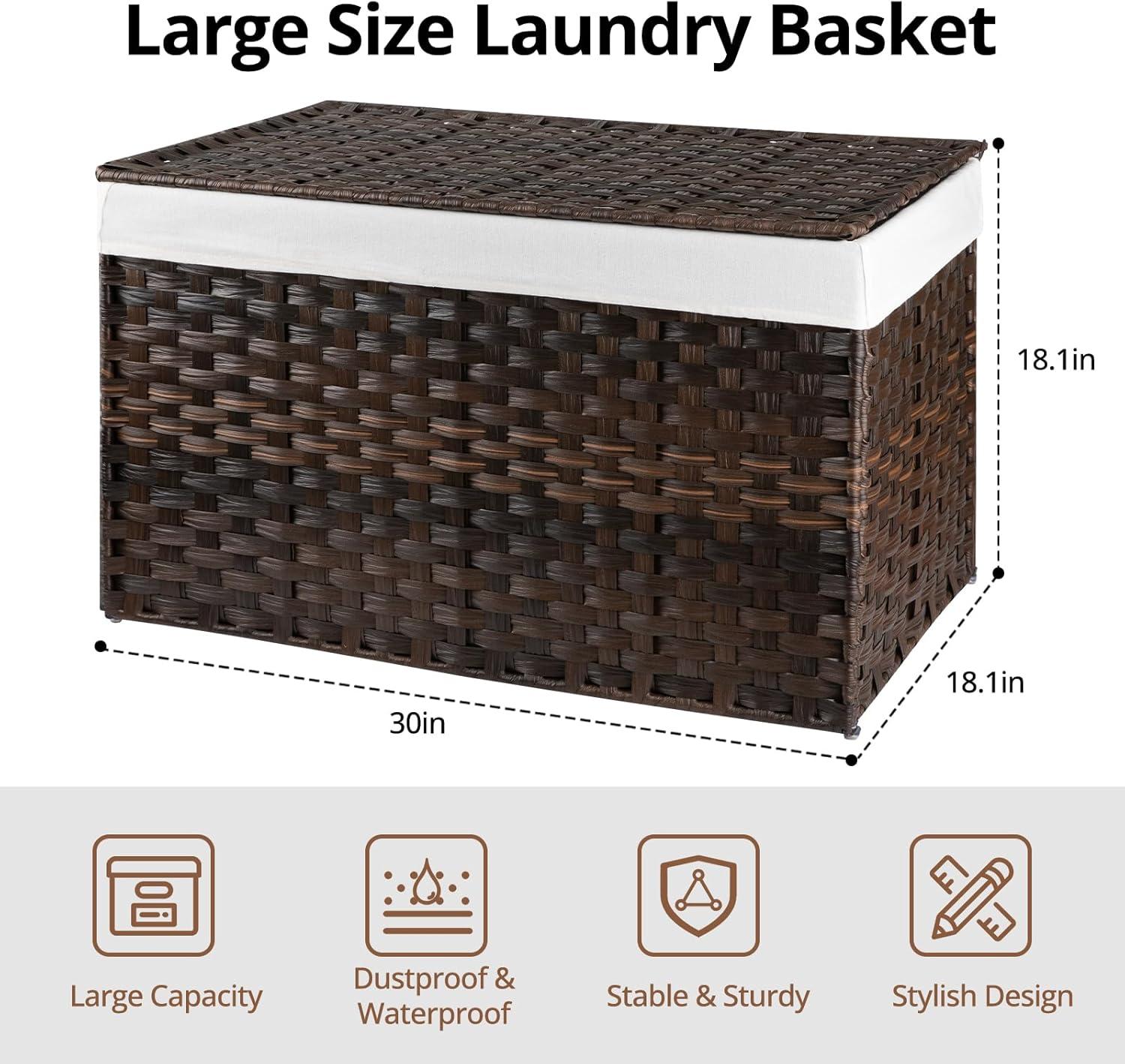 Storage Basket with Lid Wicker Baskets for Storage with 2 Separate Lid 42.3 Gallon (160 L) Rattan Storage Basket with 2 Liners and Handles Woven Storage Basket for Bedroom Laundry Brown