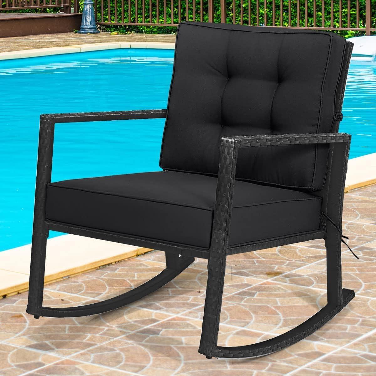 Costway Patio Rattan Rocker Chair Outdoor Glider Rocking Chair Cushion Lawn Black