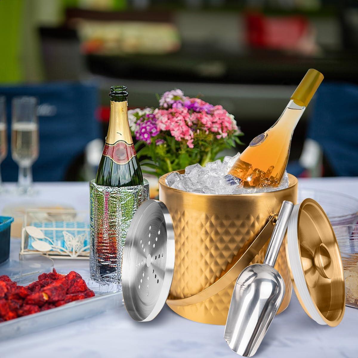 3L Double Wall Insulated Stainless Steel Ice Bucket with scoop & Strainer for Cocktail Bar,Metal Ice Bucket for freezer with Lid for parties.ice Container to Keep Ice Colder,bar cart accessories(gold)