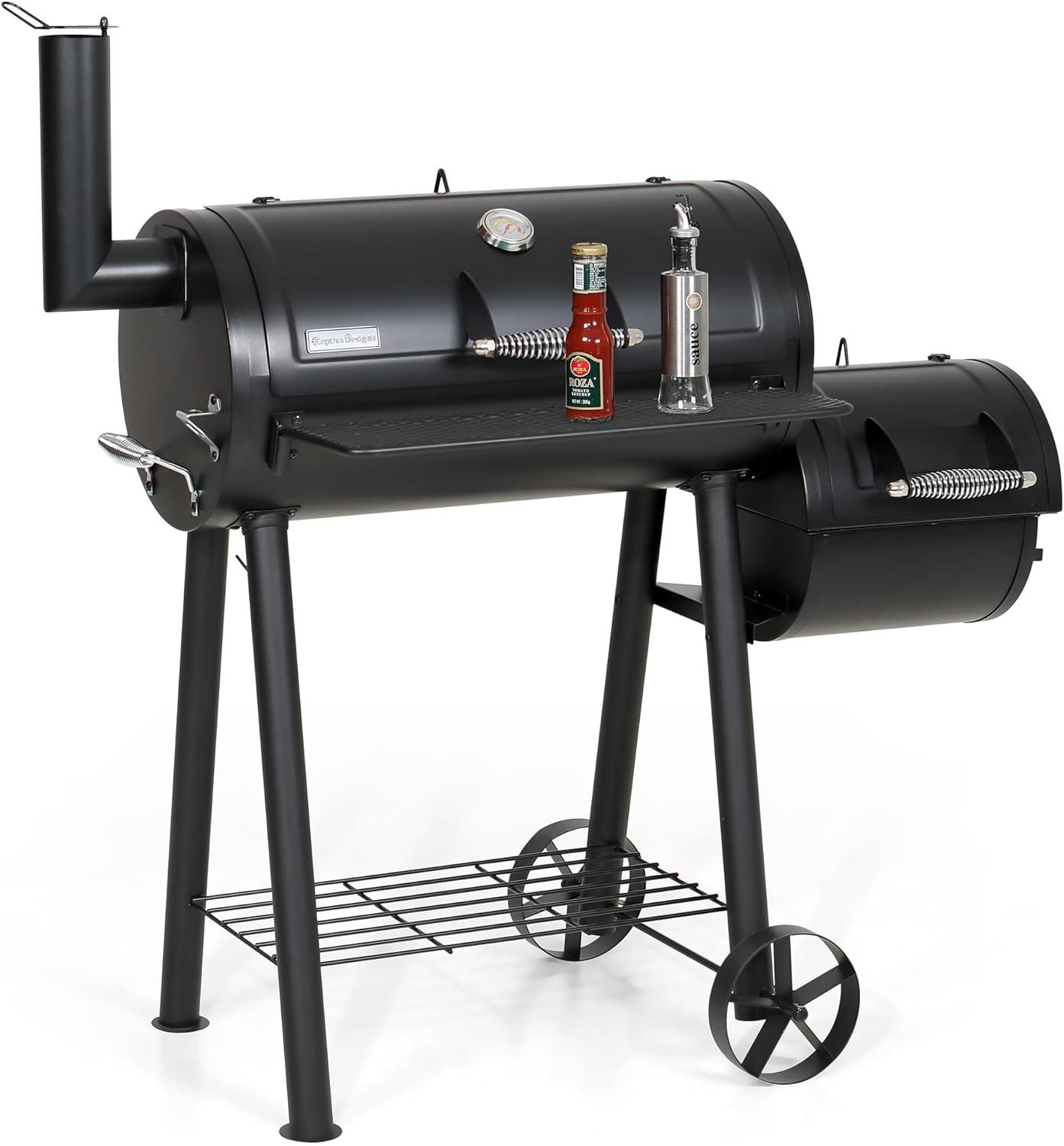 Black Alloy Steel Charcoal Grill with Offset Smoker