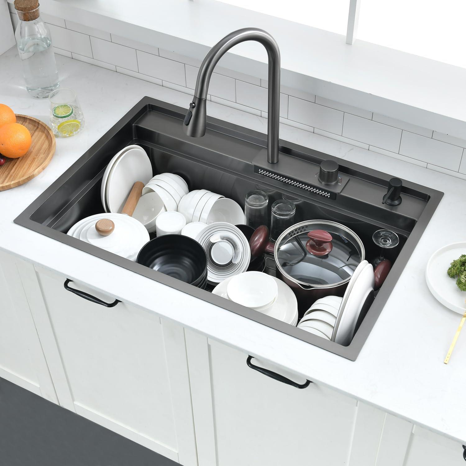 33 Inch Black Waterfall Drop In Kitchen Sink Workstation - VOKIM 33x22-Inch Drop In Sink Splash Guard Stainless Steel 16 Gauge 10'' Single Bowl sink Top Loading Flying Rain pull faucet