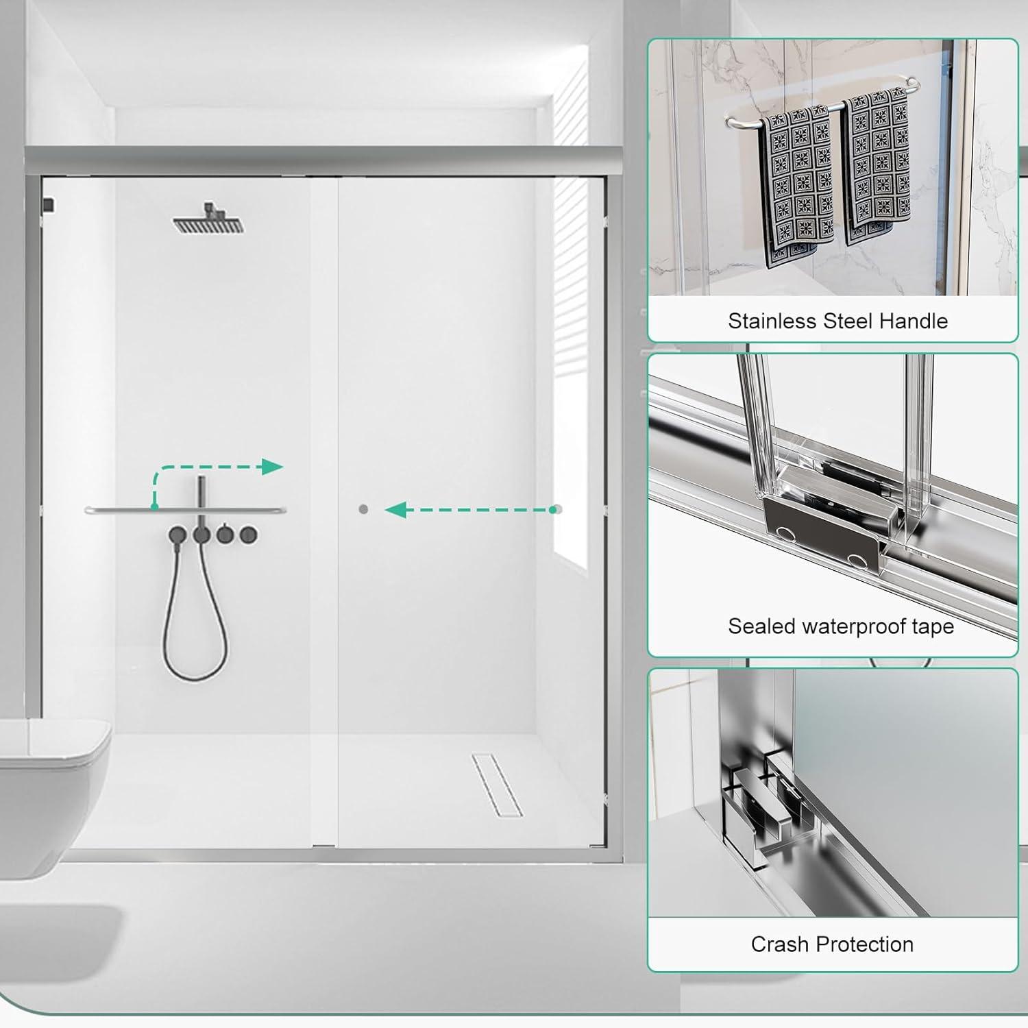 44-48"Wx72" H Semi-Frameless Double Sliding Shower Door,1/4"Thick SGCC Glass, Adjustable Width