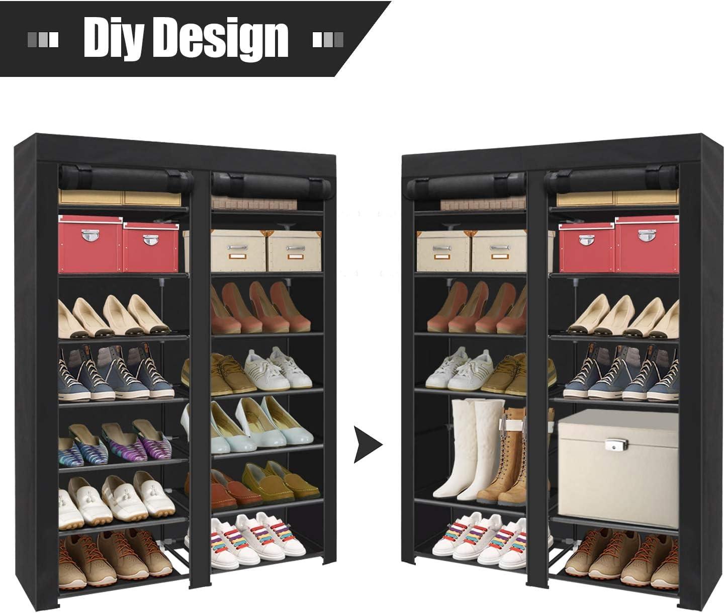 Black Double Row 7-Tier Shoe Rack with Fabric Cover