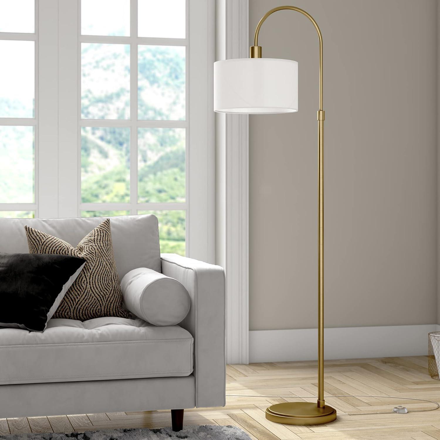 Evelyn&Zoe Veronica 70" Tall Arc Floor Lamp with Fabric Shade, Brushed Nickel/White