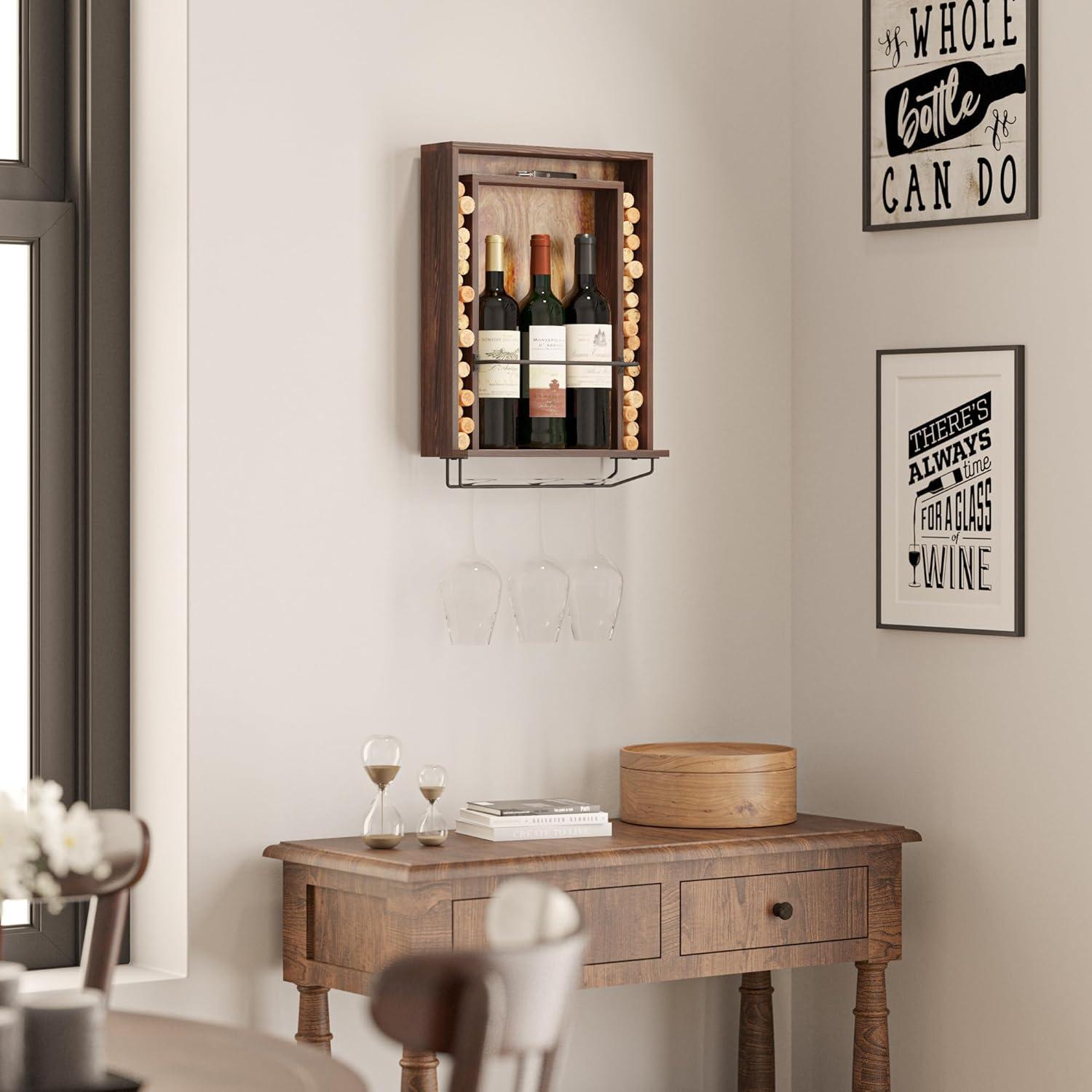 Rustic State 3 Bottle Solid Wood Wall Mounted Wine Bottle & Glass Rack in Dark Brown | Wayfair