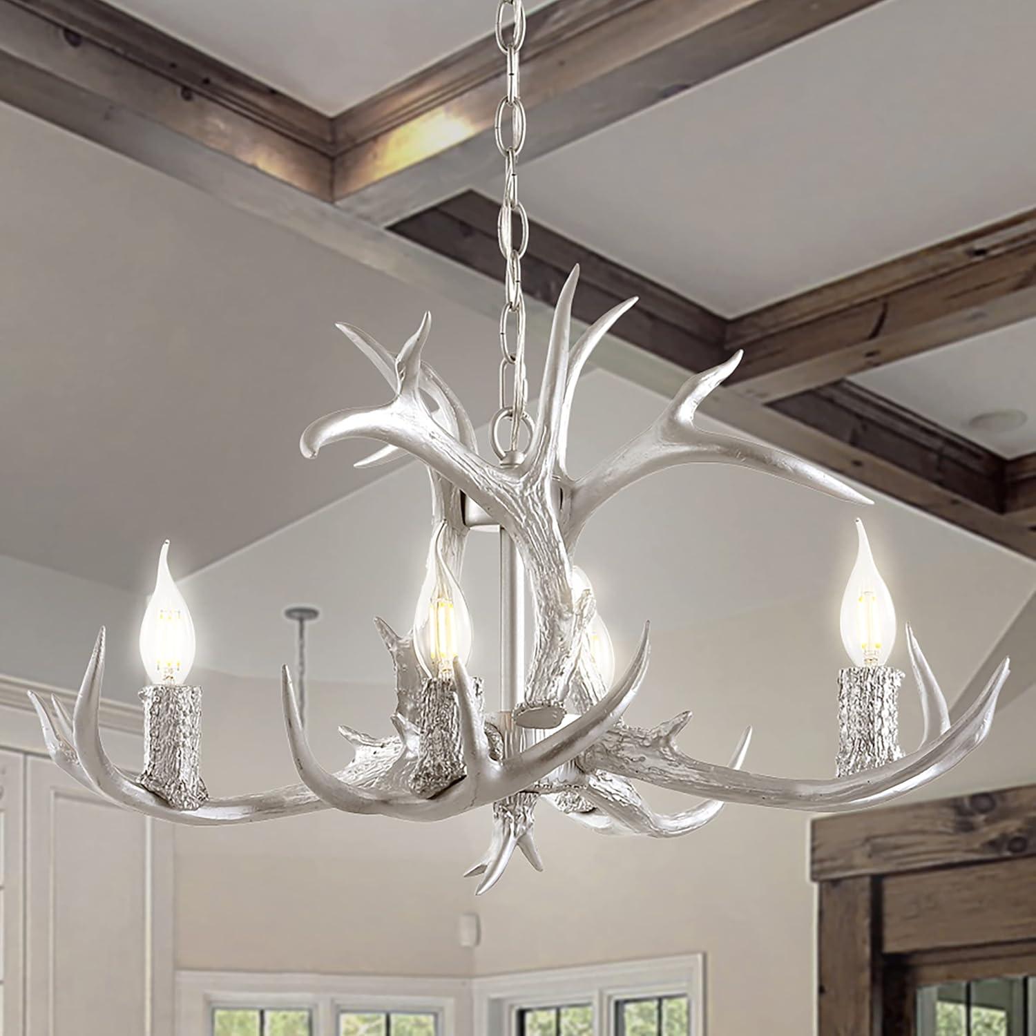 JONATHAN Y JYL6301C Eldora 26" Adjustable Resin Antler 4-Light LED Chandelier, Farmhouse, Glam, Transitional, Rustic, Cottage for living room, dinning room, bedroom, office Bulb Included, Silver
