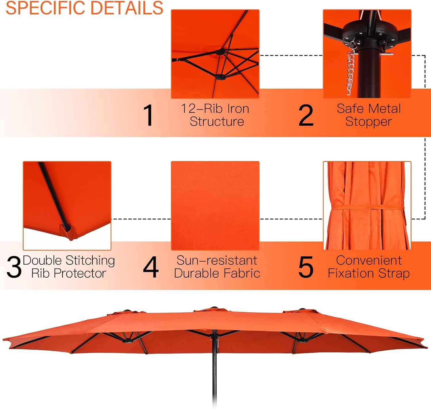 Tangkula 15Ft Double-Sided Patio Umbrella, Outdoor Extra Large Umbrella W/Hand-Crank System & Air Vents, Market Twin Umbrella W/ 12-Rib Sturdy Metal Frame for Poolside, Garden Backyard (Orange)