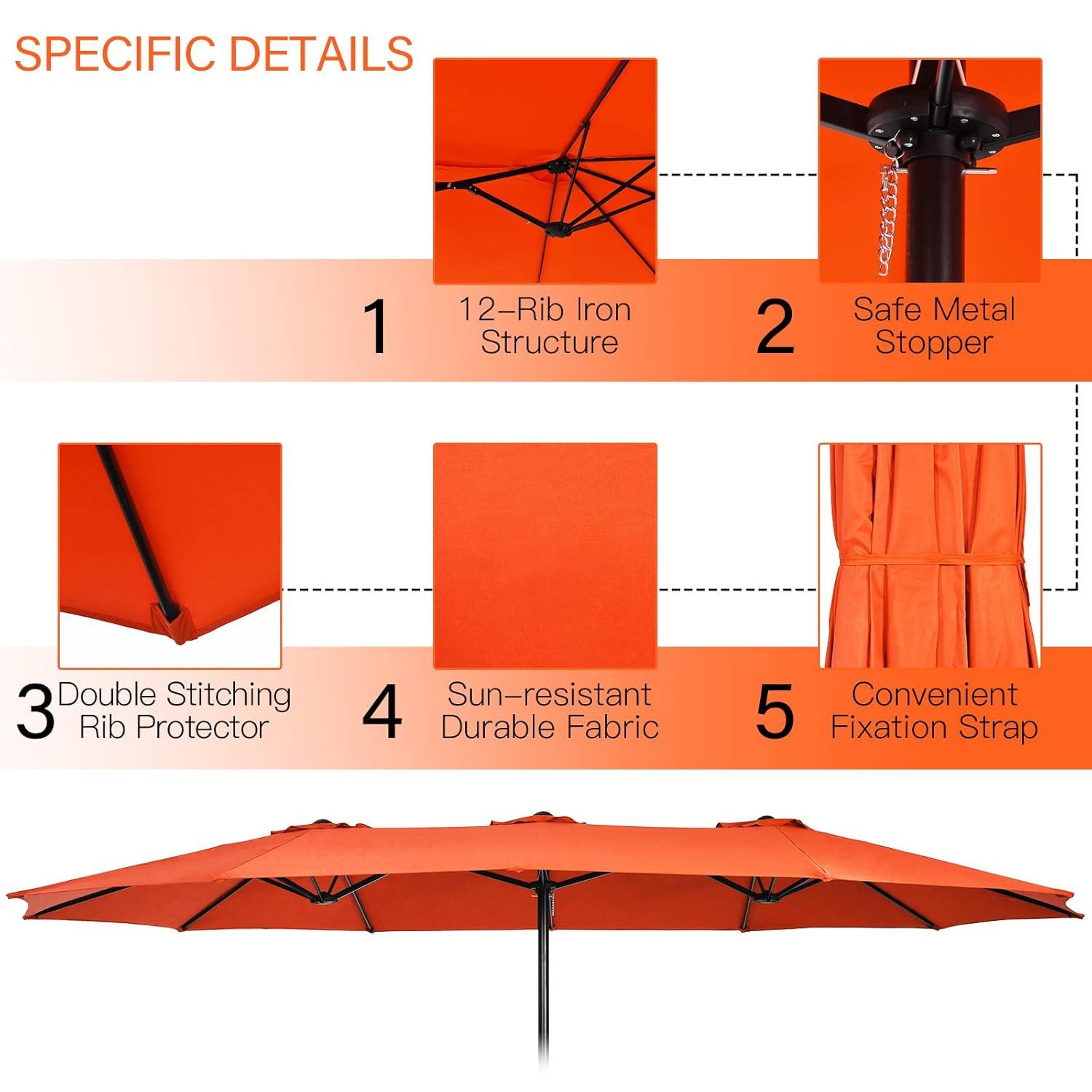 Tangkula 15Ft Double-Sided Patio Umbrella, Outdoor Extra Large Umbrella W/Hand-Crank System & Air Vents, Market Twin Umbrella W/ 12-Rib Sturdy Metal Frame for Poolside, Garden Backyard (Orange)
