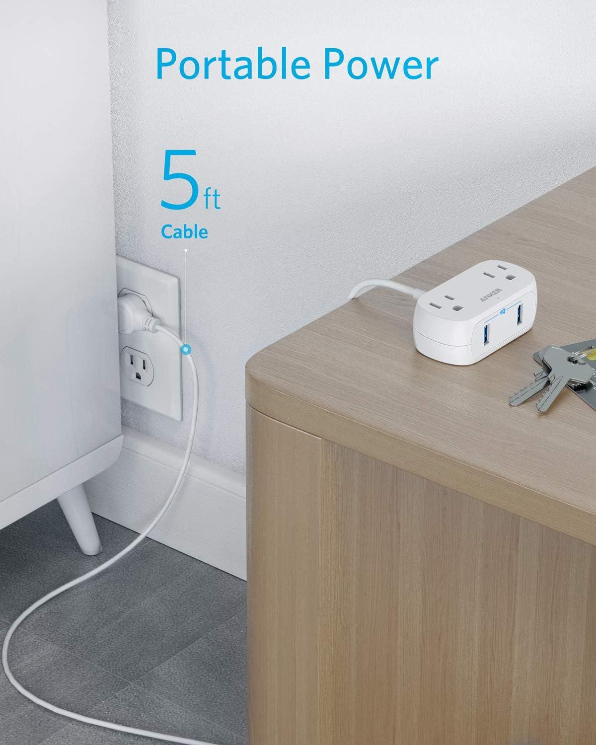 Anker Power Strip with USB PowerExtend USB 2 Mini, 2 Outlets, and 2 USB Ports, Flat Plug, 5 ft Extension Cord, White