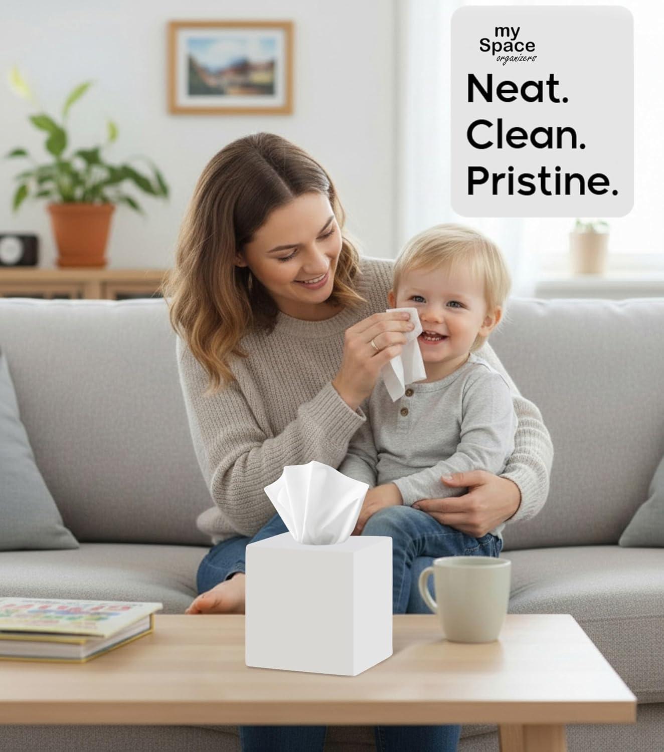 White Tissue Box Cover Square - Plastic Facial Tissue Box Holder - Decorative Cube Tissue Holder Dispenser Fits Any Vanity Countertop, Bedroom Dresser, Office, Bathroom Decor C33