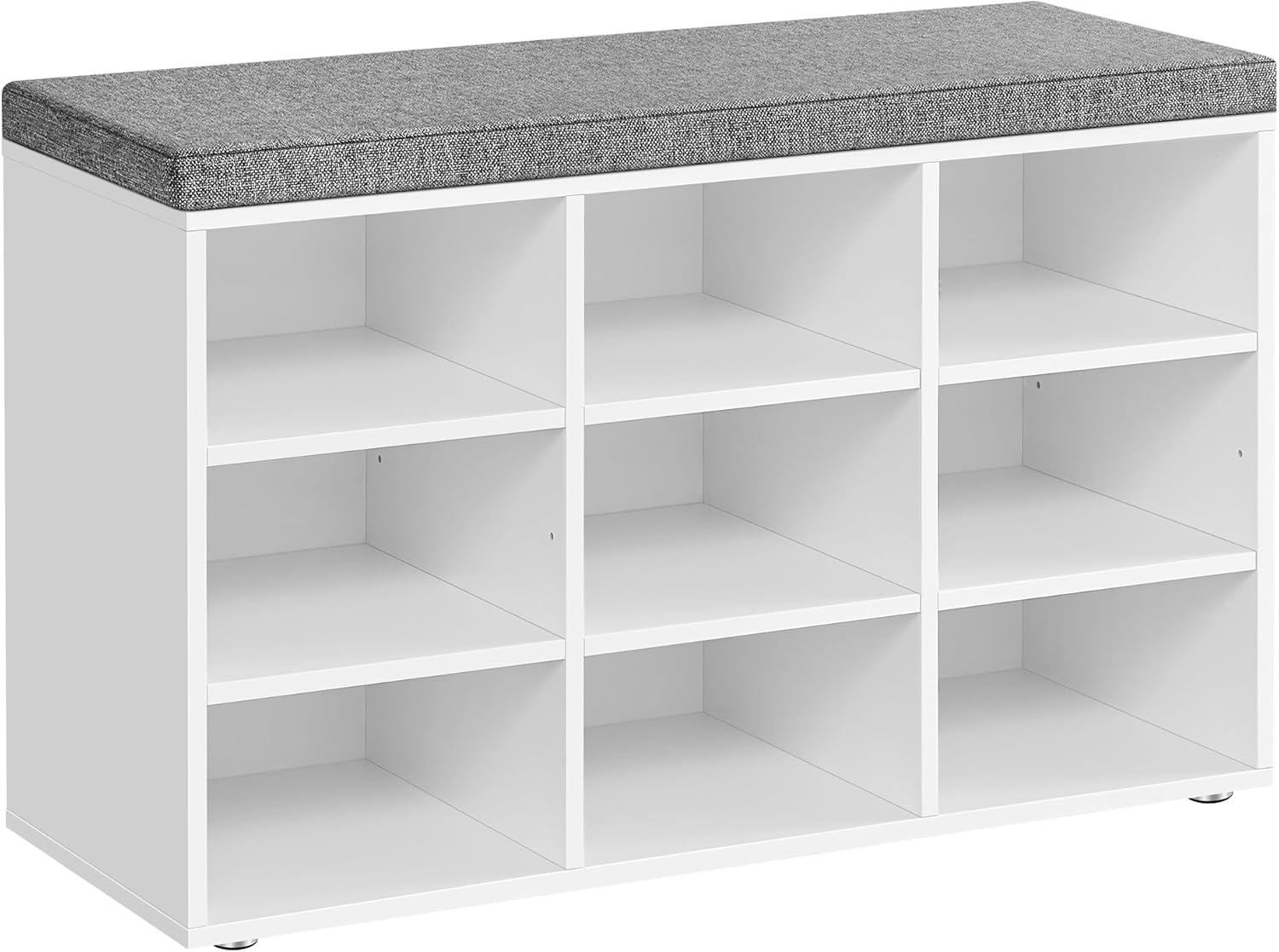 VASAGLE 9-Compartment Adjustable Shelves Storage Bench with Cushion, White and Gray