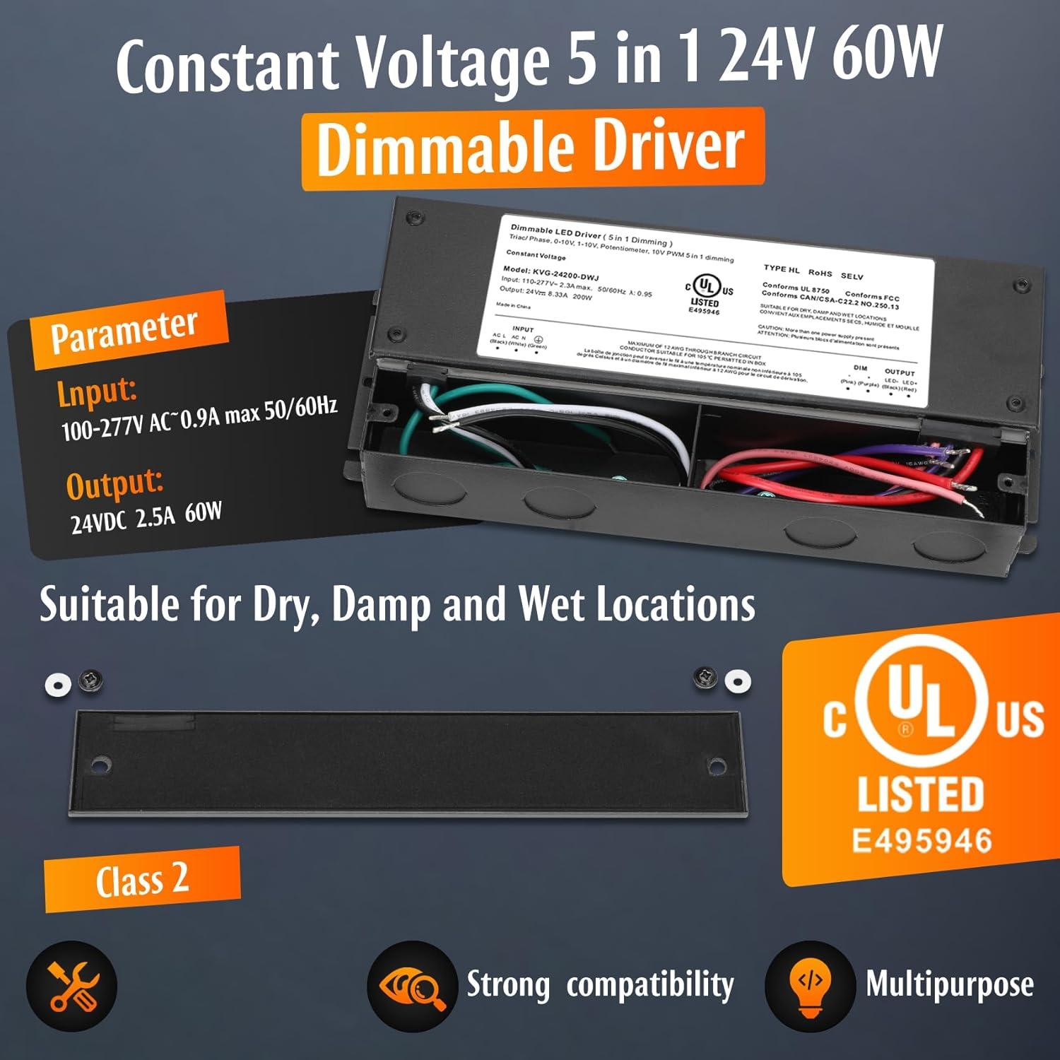 60W Dimmable LED Driver 24V, AC to DC Triac Dimmable Transformer Power Supply, Dimming LED Driver, Compatible with lutron and leviton Dimmer, TRIAC/Phase/0-10V /1-10V/Potentiometer/10V PWM UL Listed