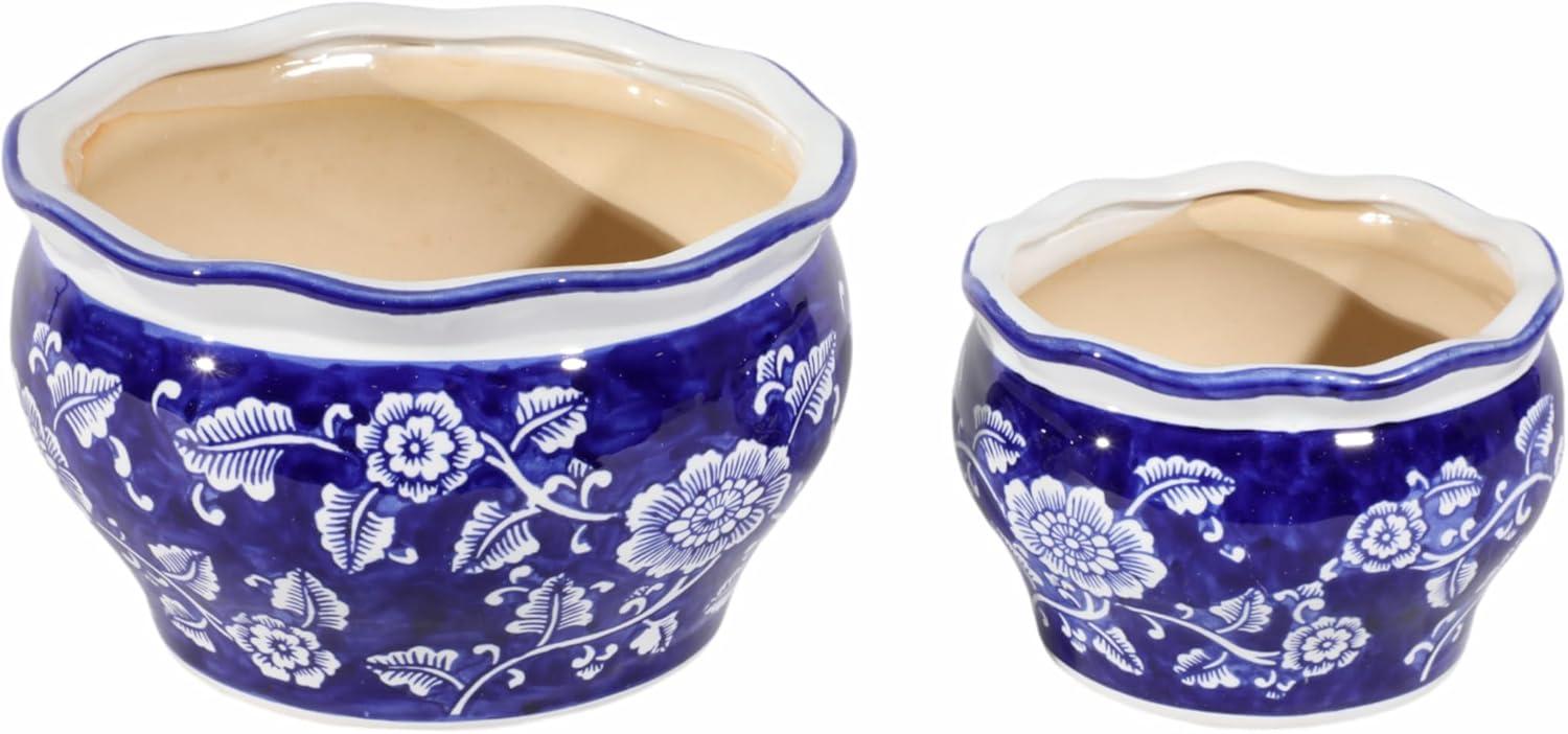 Sagebrook Home 2pc Chinoisere Ceramic Indoor Outdoor Planter Pots Blue/White: Hand-Painted, Rust-Resistant, No Assembly Required