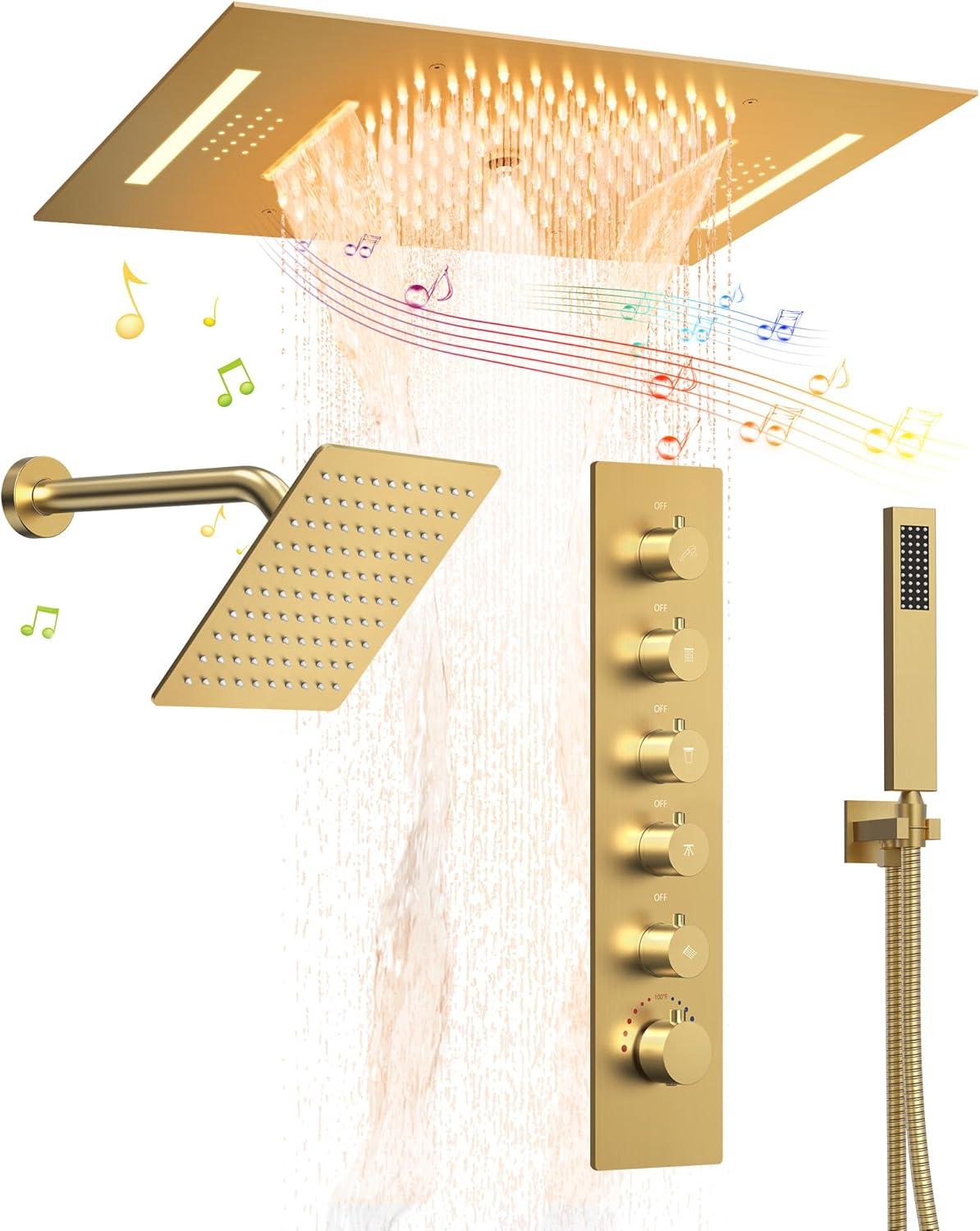 EVERSTEIN Music Thermostatic Shower System,Dual Showerheads with LED Mood Lighting SFS-1051-BK