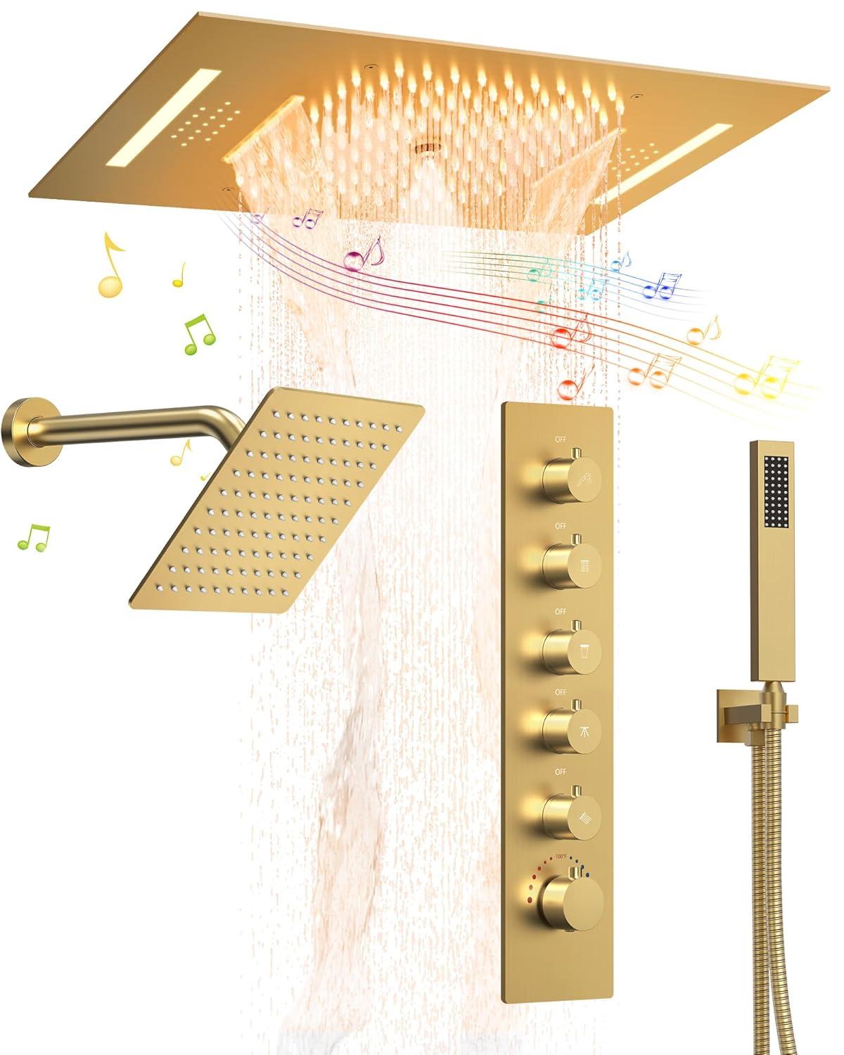 EVERSTEIN Music Thermostatic Shower System,Dual Showerheads with LED Mood Lighting SFS-1051-BK